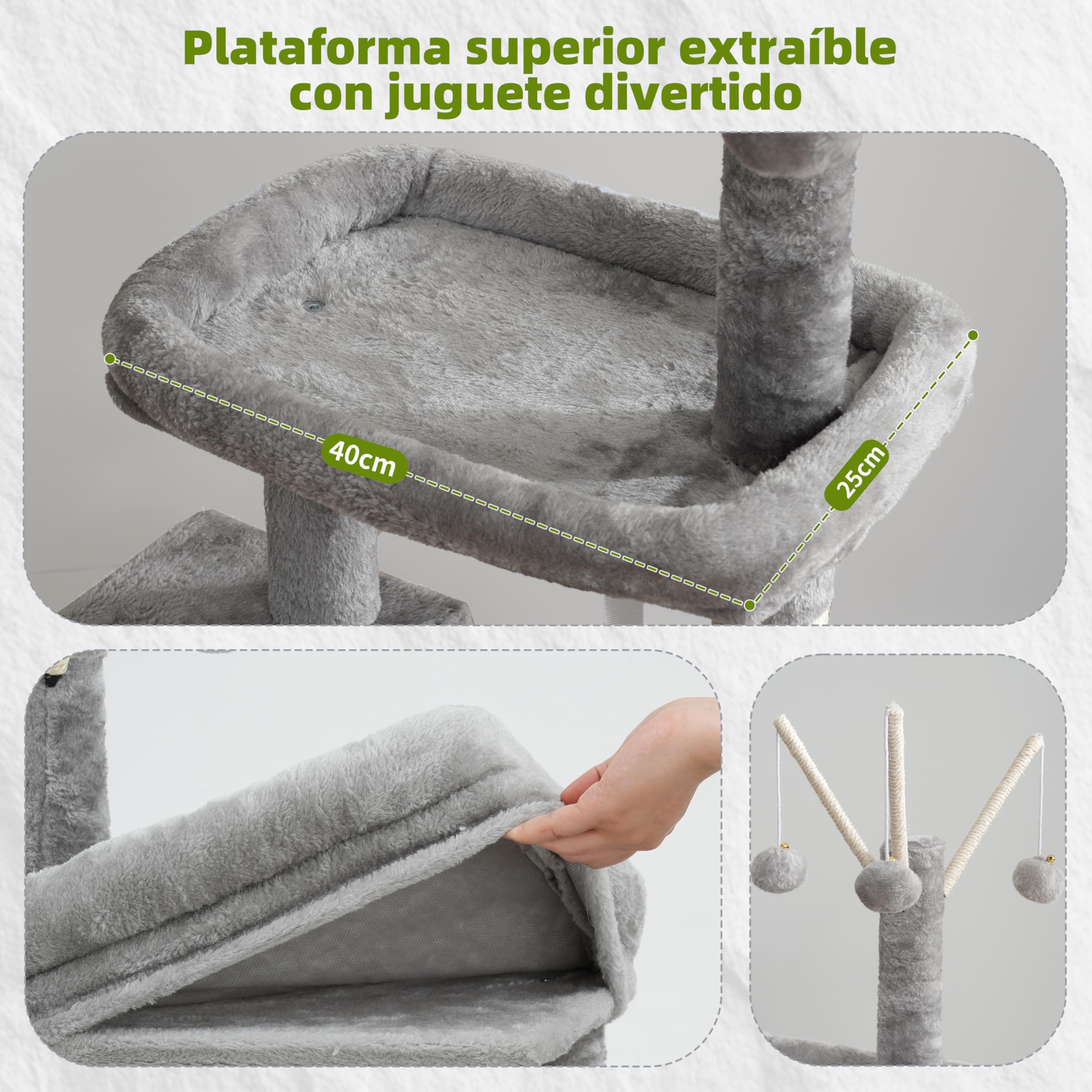 Gitelsnour Rascador para Gatos de Interior, Árbol para Gatos para Gatitos, con Postes, Plataforma Superior Desmontable, Pompones, Cuevas, Cestas, Gris Claro GCT006SW