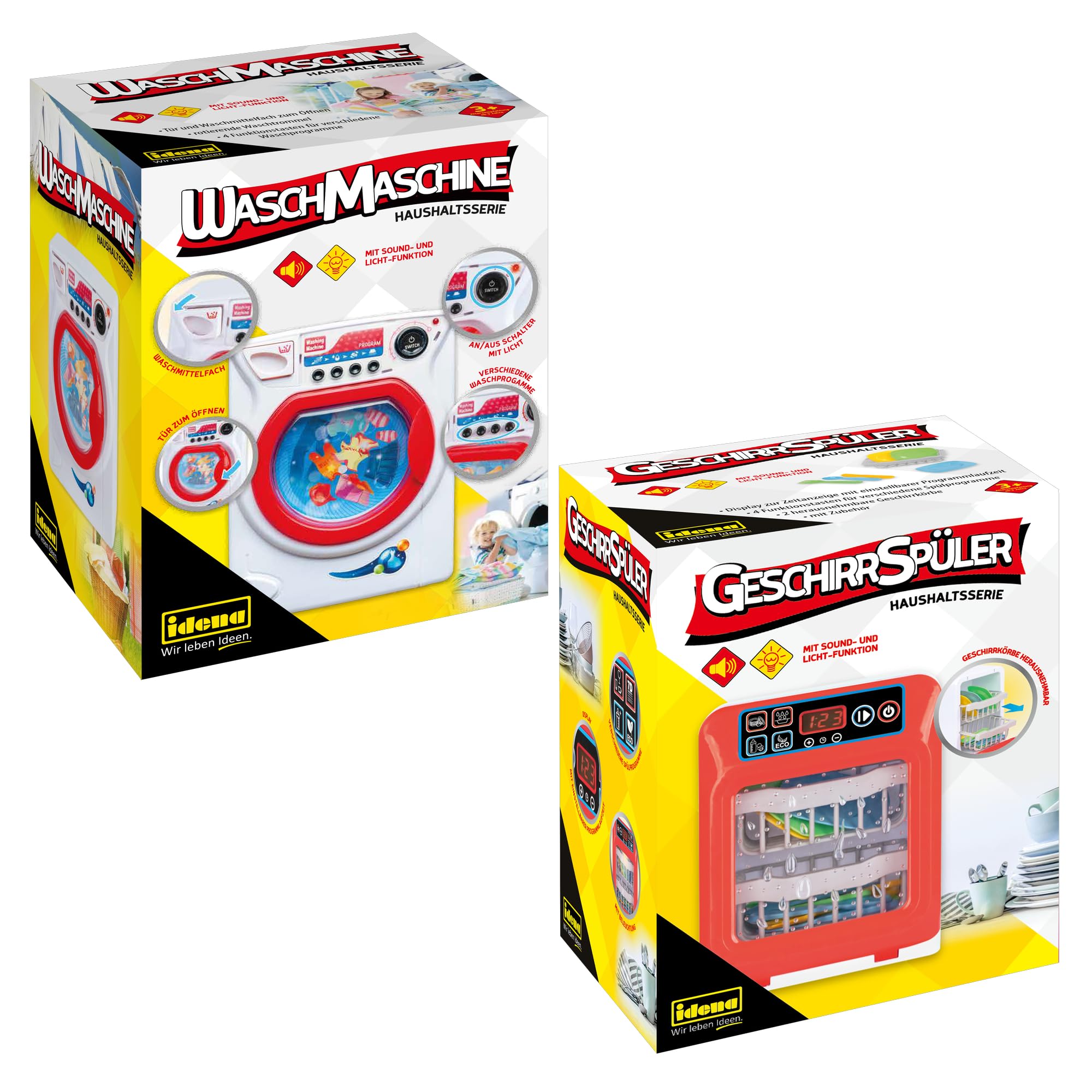 Idena 90377 - Lavastoviglie e Lavatrice con Effetti Luminosi e sonori, Set di Gioco per Bambini con Tante funzioni e Accessori