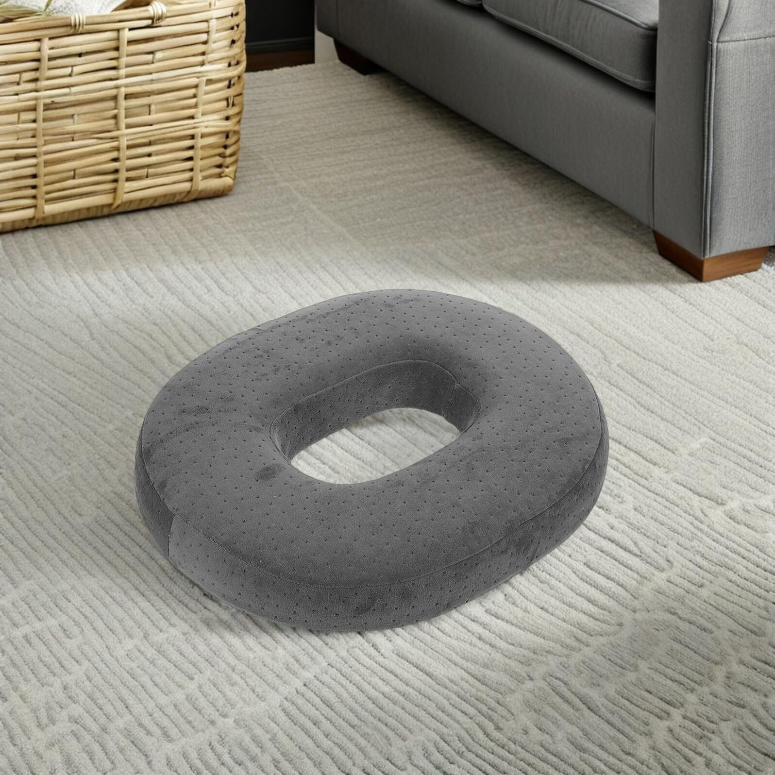 Almohadilla de Asiento Ergonómica de Espuma Viscoelástica con Centro Hueco Tamaño 43X35X7 CM Cojín Ovalado de Terciopelo Gris Transpirable para Silla de Oficina y Taburete