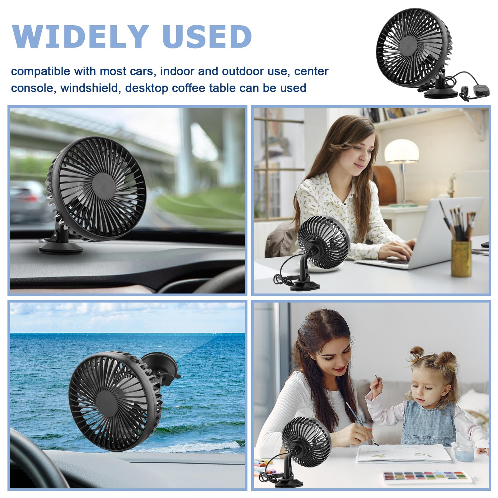 Ventilateur de voiture 12 V/24 V USB, rotation à 360 °, avec ventouse puissante, pour tableau de bord et pare-brise, 3 vitesses, ventilateur silencieux avec moteur en cuivre pur pour voiture, camion