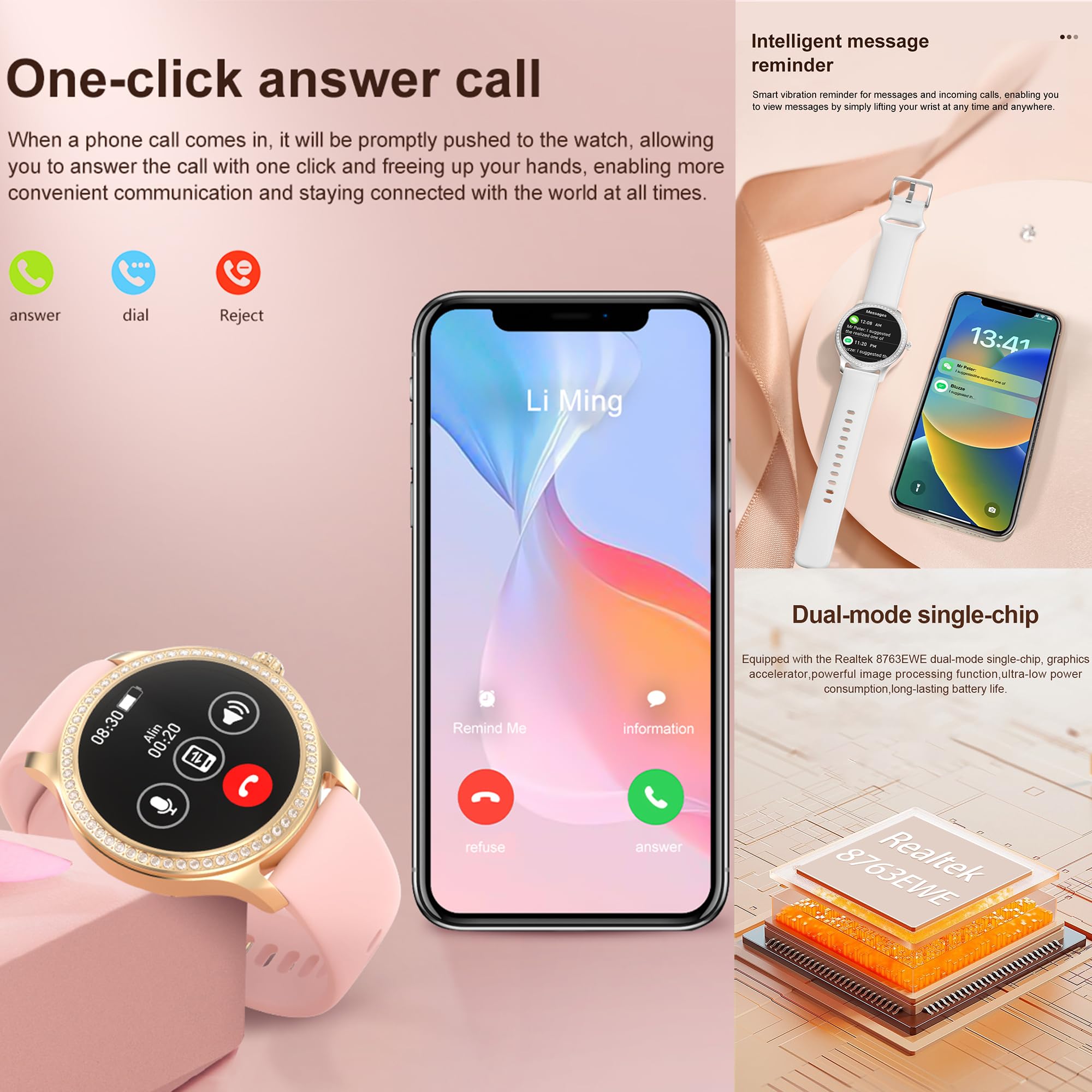 Reloj Inteligente Mujer con Llamadas, 3 Correas, 1,28 Pulgada Smartwatch Deportivo con Diamond Podometro Pulsometro SpO2 Sueño Presion Arterial Actividad 5ATM Reloj Digital para iOS Android (Plata)