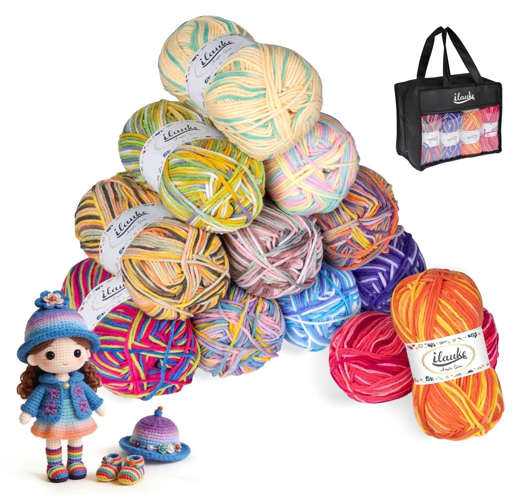 ilauke 600G Double Knitting Wool, 50G x 12 Balls Soft and Warm Yarn,Multicoloured Acrylic Yarn or Crochet, Weaving, DIY Craft Projects