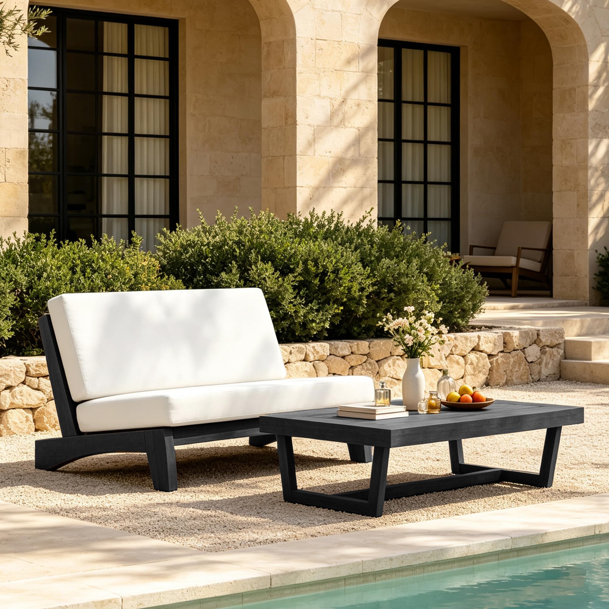 Pia Ricoo 2 Piece Patio Furniture Set, Outdoor Furniture Loveseat with Coffee Table &amp; Thick Cushions, All-Weather Outdoor Sofa for Backyard, Deck, Lawn, Beige, Dark Wood