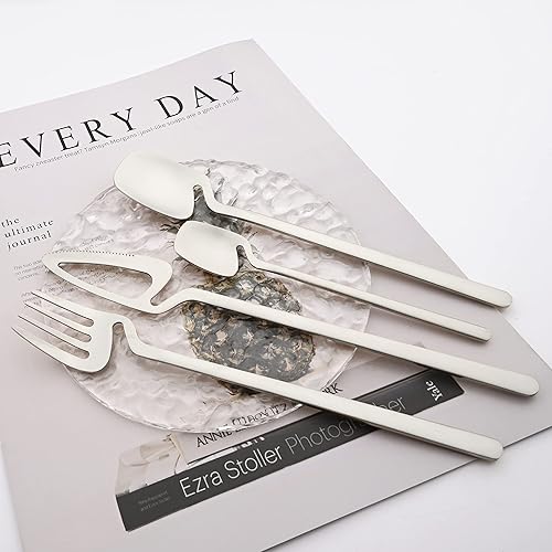 Miniatura 7 de Juego de cubiertos de plata cepillada para 8, juego de cubiertos mate de 32 piezas con asas de colores, juego de vajilla de acero inoxidable 1810,