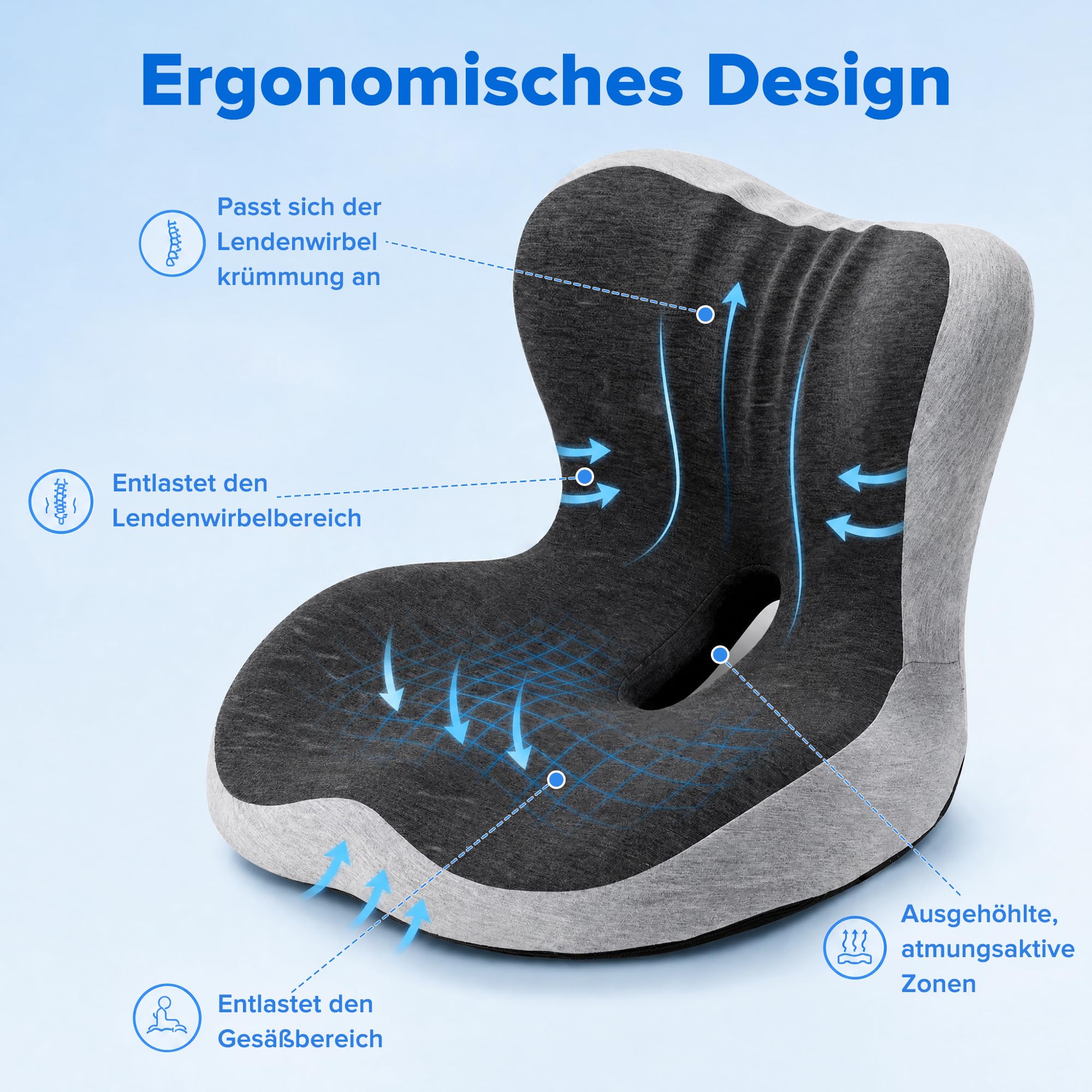 Urban Deco Orthopädisches Sitzkissen mit Rückenlehne, L-förmiges ergonomisches Sitzkissen aus Memoryschaum für Bürostuhl, Auto, Rollstuhl, rückenschonende Wirbelsäulenstütze, Dunkelgrau,1PCS