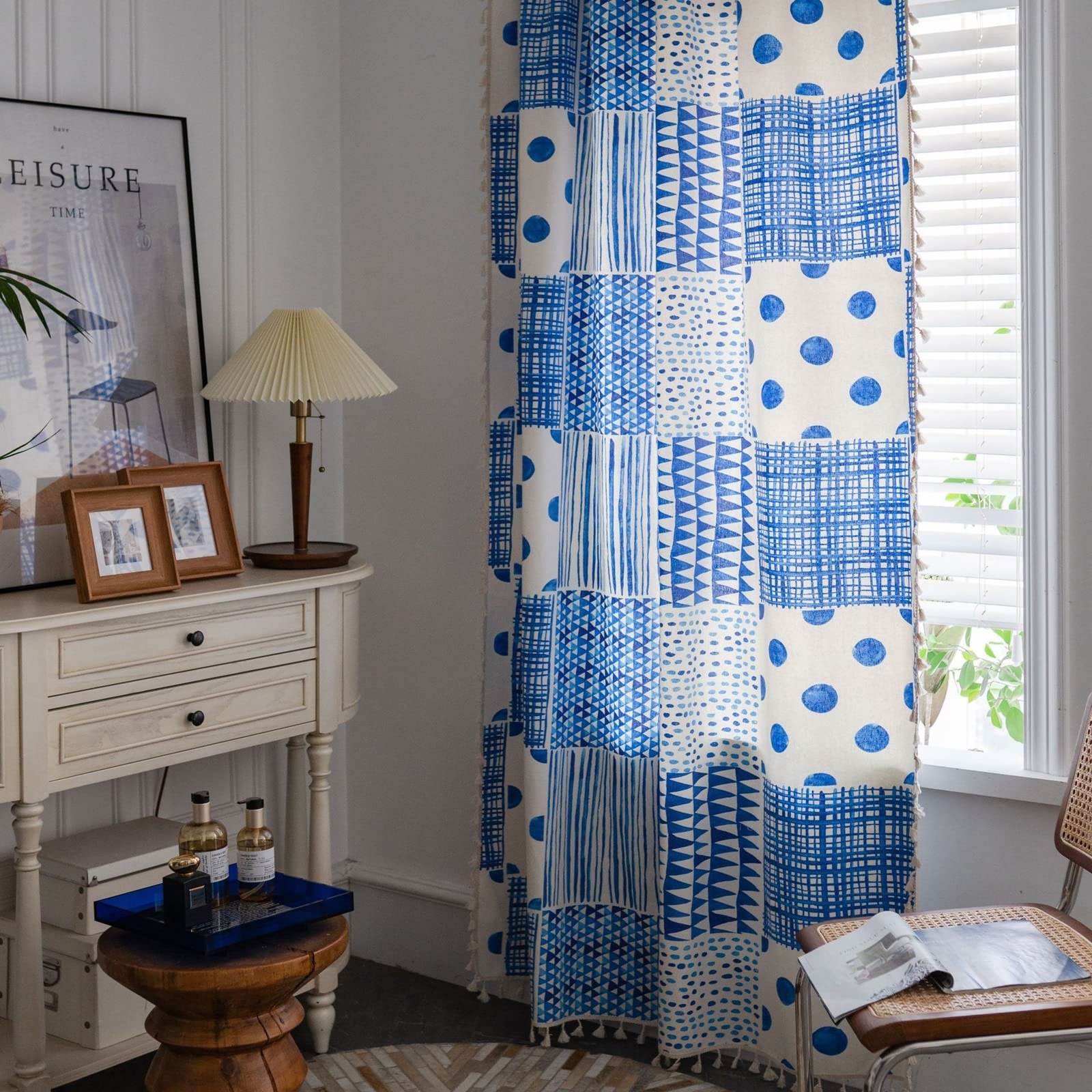 Rideau de Fenetre Interieur Coton, Rideau Fenetre Bleu Blanc Imprimé Patchwork Géométrique Bohème Crochet Rideau Fenetre Salon Lot de 2 150X200CM
