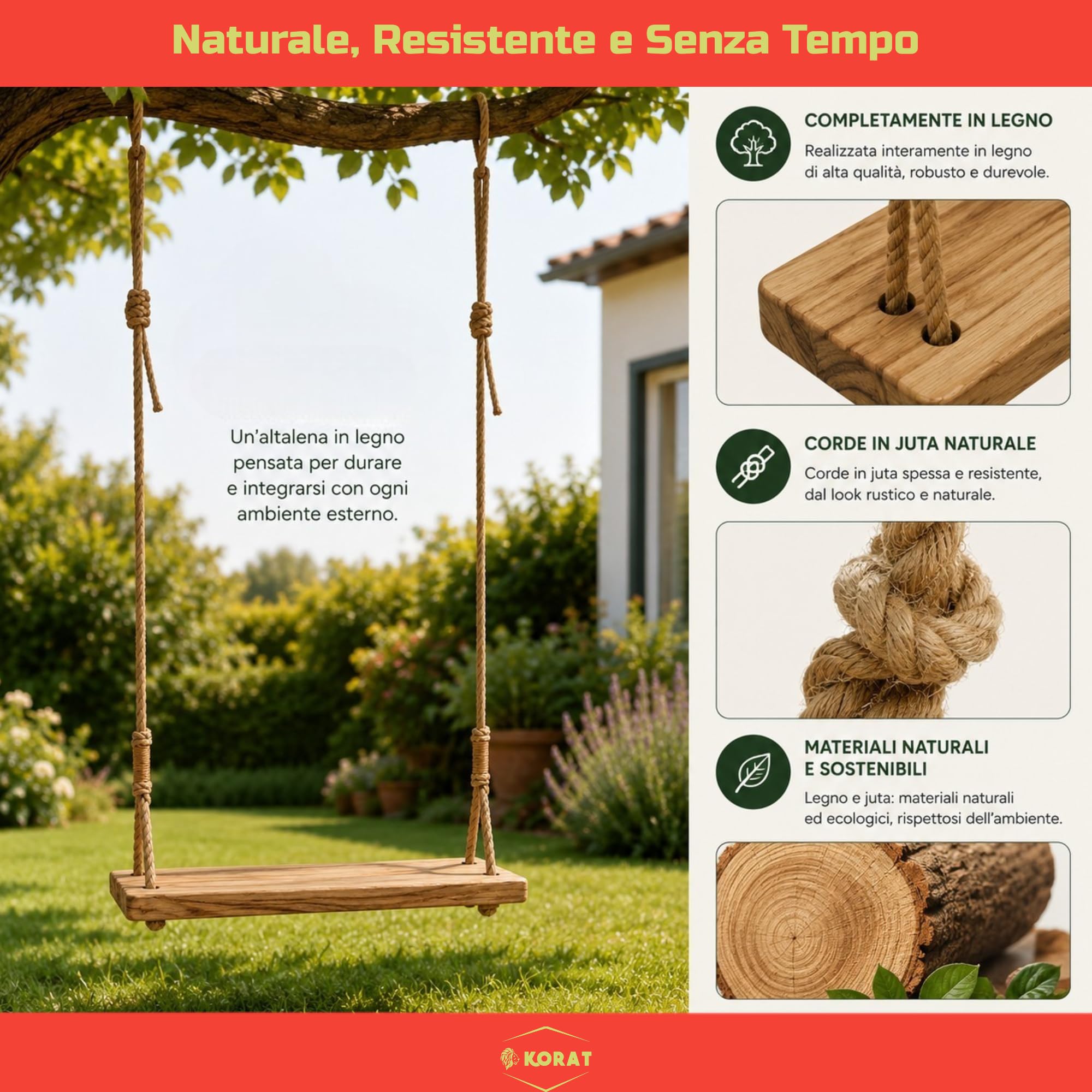 KORAT Altalena da Giardino in Legno con Corde in Juta Naturale – Altalena Sospesa per Bambini e Adulti – Seduta in Legno Massello 59x16 cm – Corde Regolabili fino a 250 cm – Portata Massima 150 kg