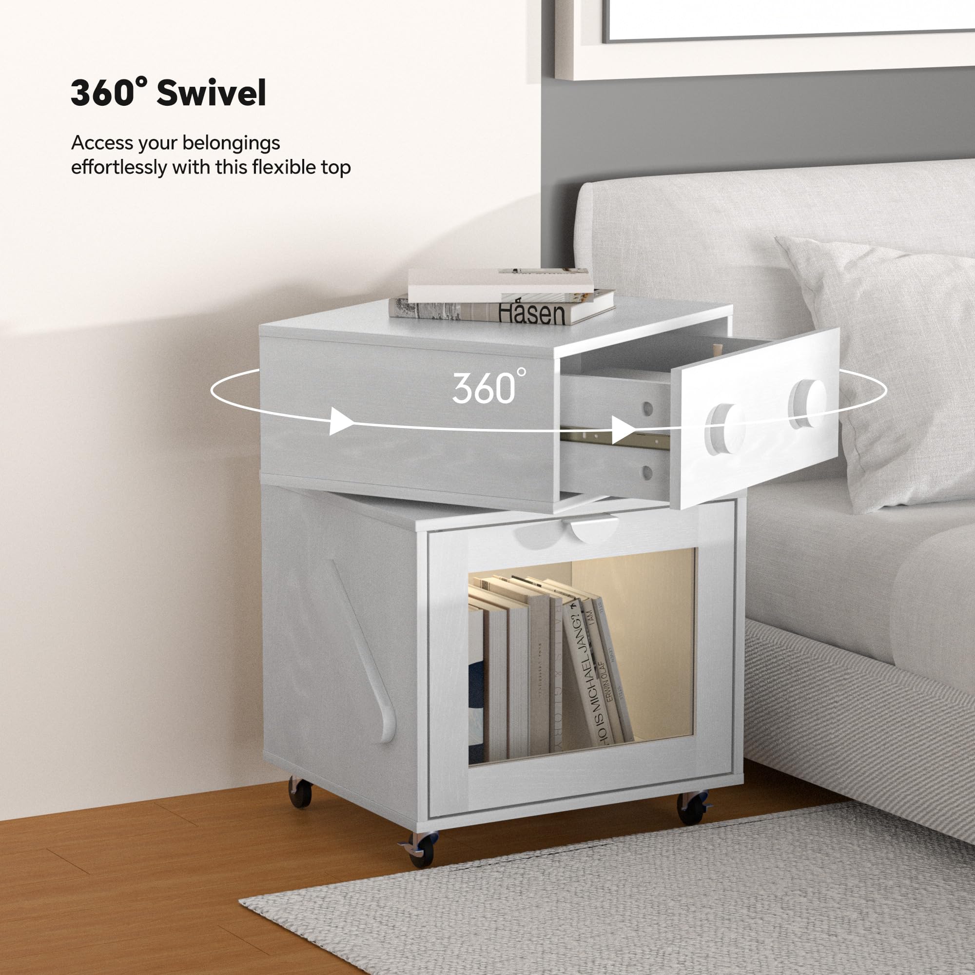 LED Nightstand with 360° Rotating Drawer & Motion Sensor Lights, Robot Nightstand with Wheels, White Rotating Side Table, Bedside Cabinet for Kids, Bedroom & Office,White