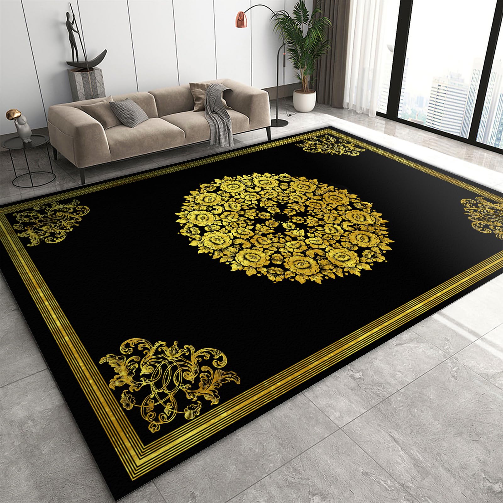 Tapis rond doré floral baroque 160x230 cm en peluche lavable pour salon
