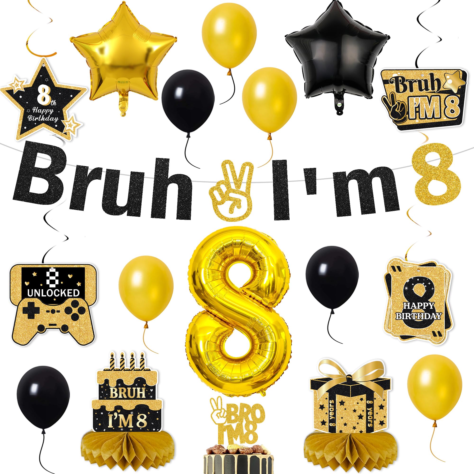 Bruh 8th Birthday Decorations for Boys - Bruh I'm 8 Banner Number Heart Balloons Honeycomb Centrepieces, Cake Topper Black Gold 8 Years Old Boys Party Supplies