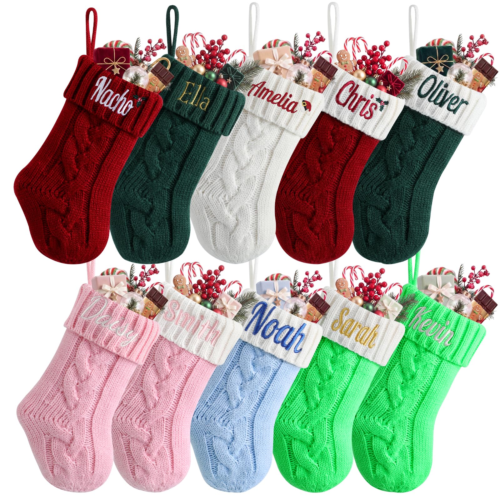 Personalised Christmas Stockings with Embroidered Name & Monogram, 9" Small Custom Cable Knit Xmas Stockings for Baby Kids Family, 2 Pack Hanging Mini Stocking for Fireplace Tree Holiday Decor Gifts — image 1