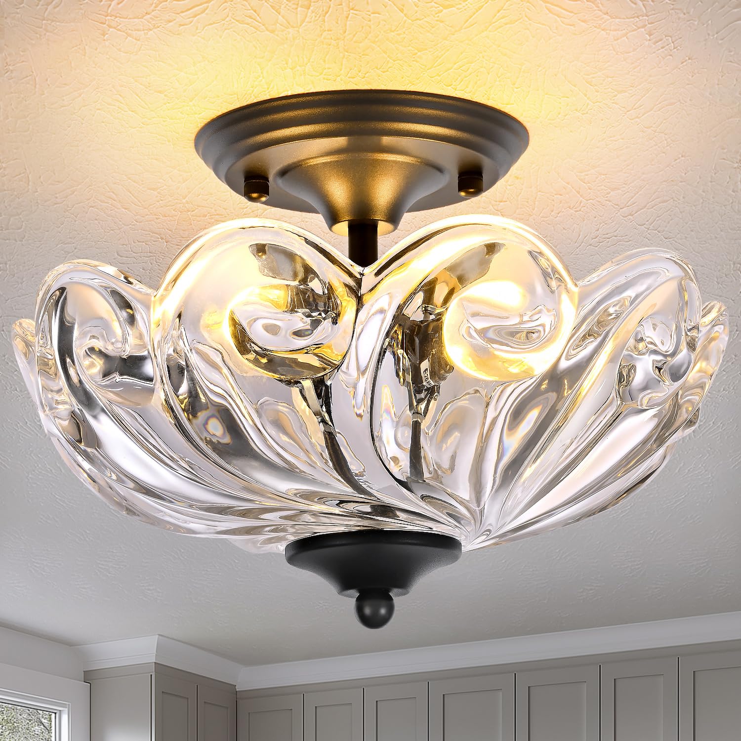 HuixuTe Modern Semi Flush Mount Ceiling Light, 3-Light Black Close to Ceiling Light Fixture with Clear Glass Shade for Living Room Entryway Bedroom