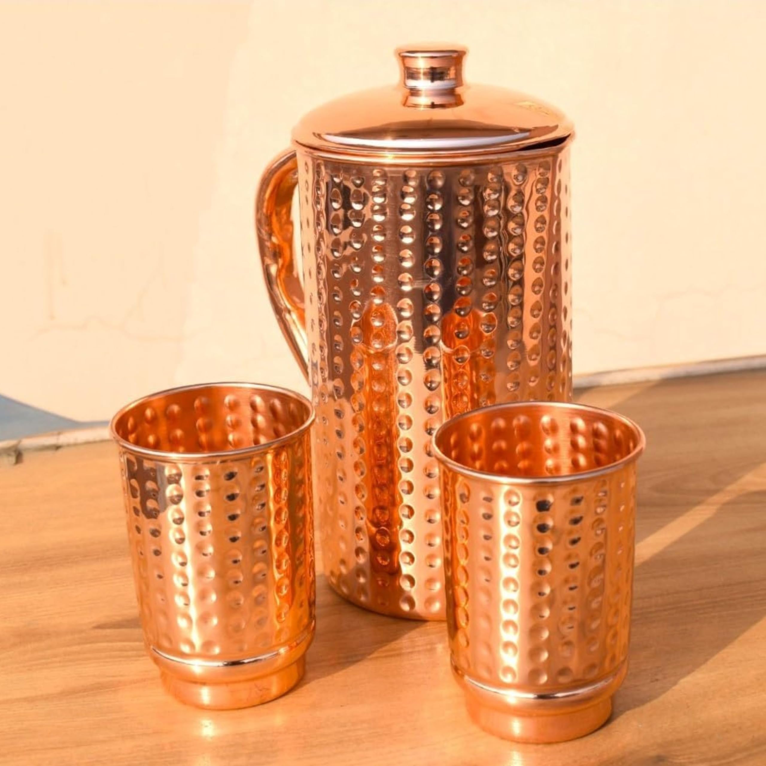 Dzbanek na wodę z czystej miedzi z 2 kubkami, miedziany dzbanek na wodę, pojemność 1,500 ml