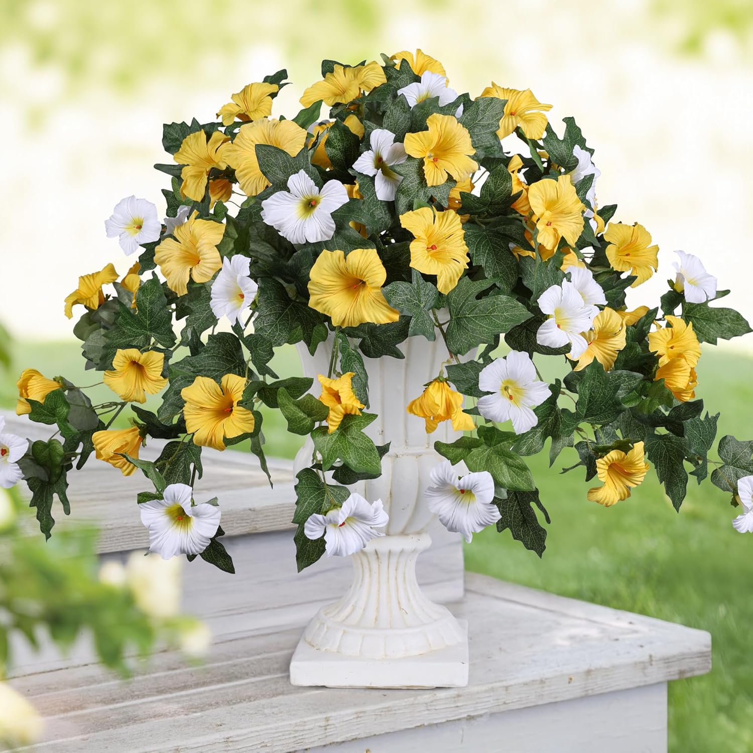 HyeFlora Artificial Flowers for Outdoors 2PCS Faux Petunias Silk Fake Flowers for Outside Planter UV Resistant Realistic Home Garden Porch Decor (Yellow)