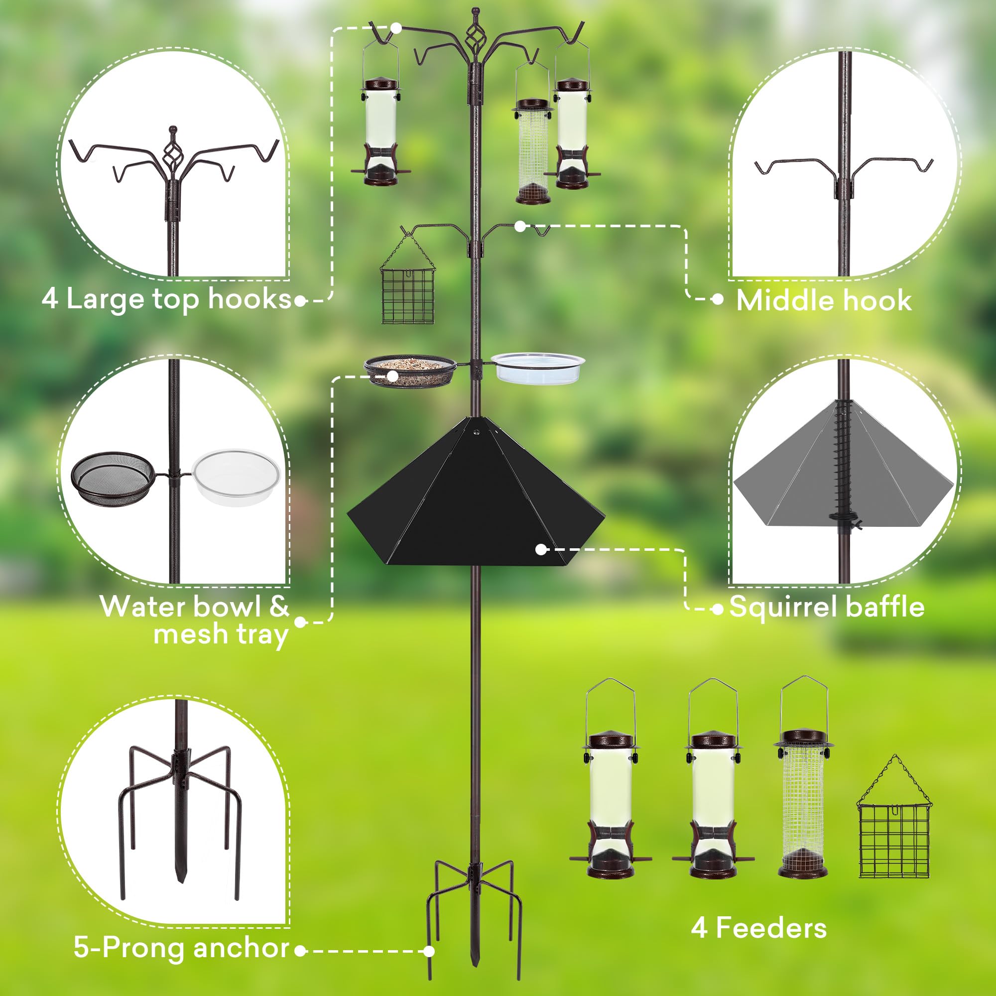 YINGYM Kit de estación de alimentación para pájaros de 6 ganchos, poste de soporte resistente de 94 pulgadas para colgar al aire libre con 4 comederos, deflector ancho de ardilla, atraer pájaros