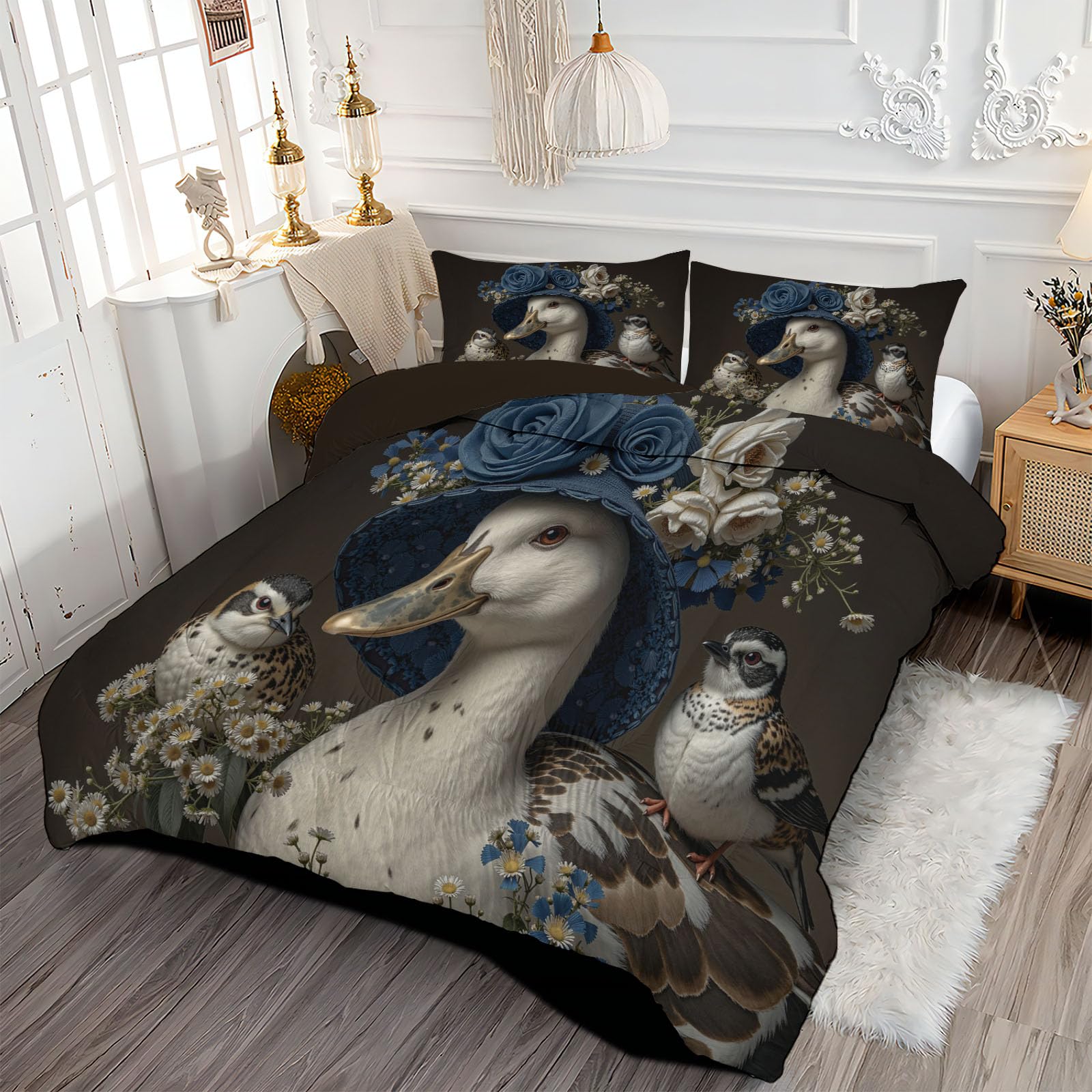Trapunta Letto Singolo 4 Stagioni Piumone per Bambini, Carino Papero Leggero Fiori Di Campo Rose Set di Biancheria da Letto 140x200cm con 1 Federe,Piumino Lavabile In Lavatrice