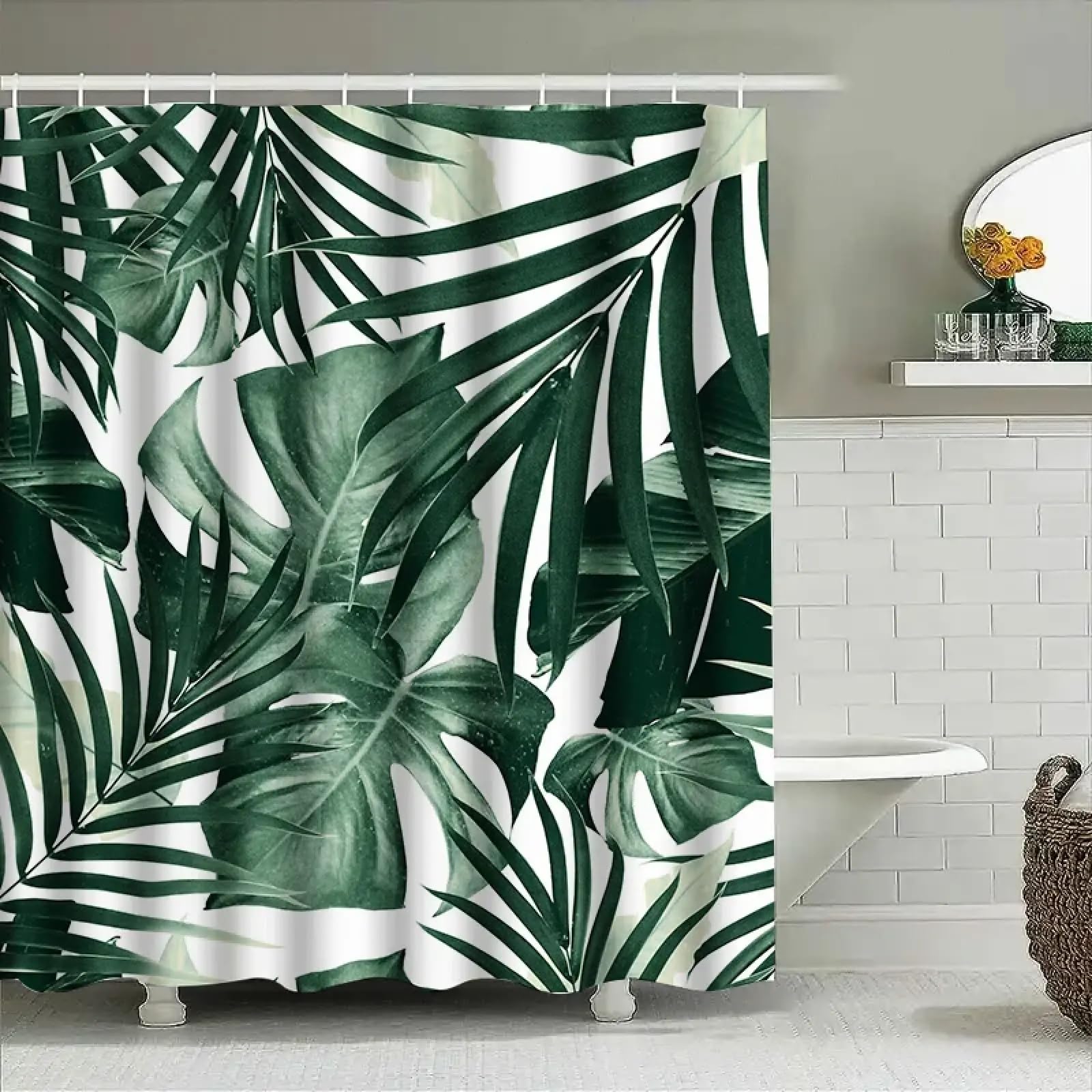 Yusuzhu Shower Curtain Tropical Green Leaves Waterproof Fabric Bathroom Decor Greenery Print Bath Mat Home Décor Shade Opaque 89X183cm/35X72in(Wxh)