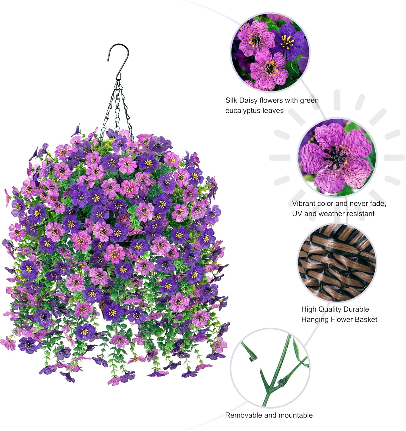 HyeFlora Artificial Hanging Flowers Basket for Outdoor, Fake Flowers Faux Plants Look Real for Yard Gardens Porch Patio Home (Darkpurple+Purple) - Image 2