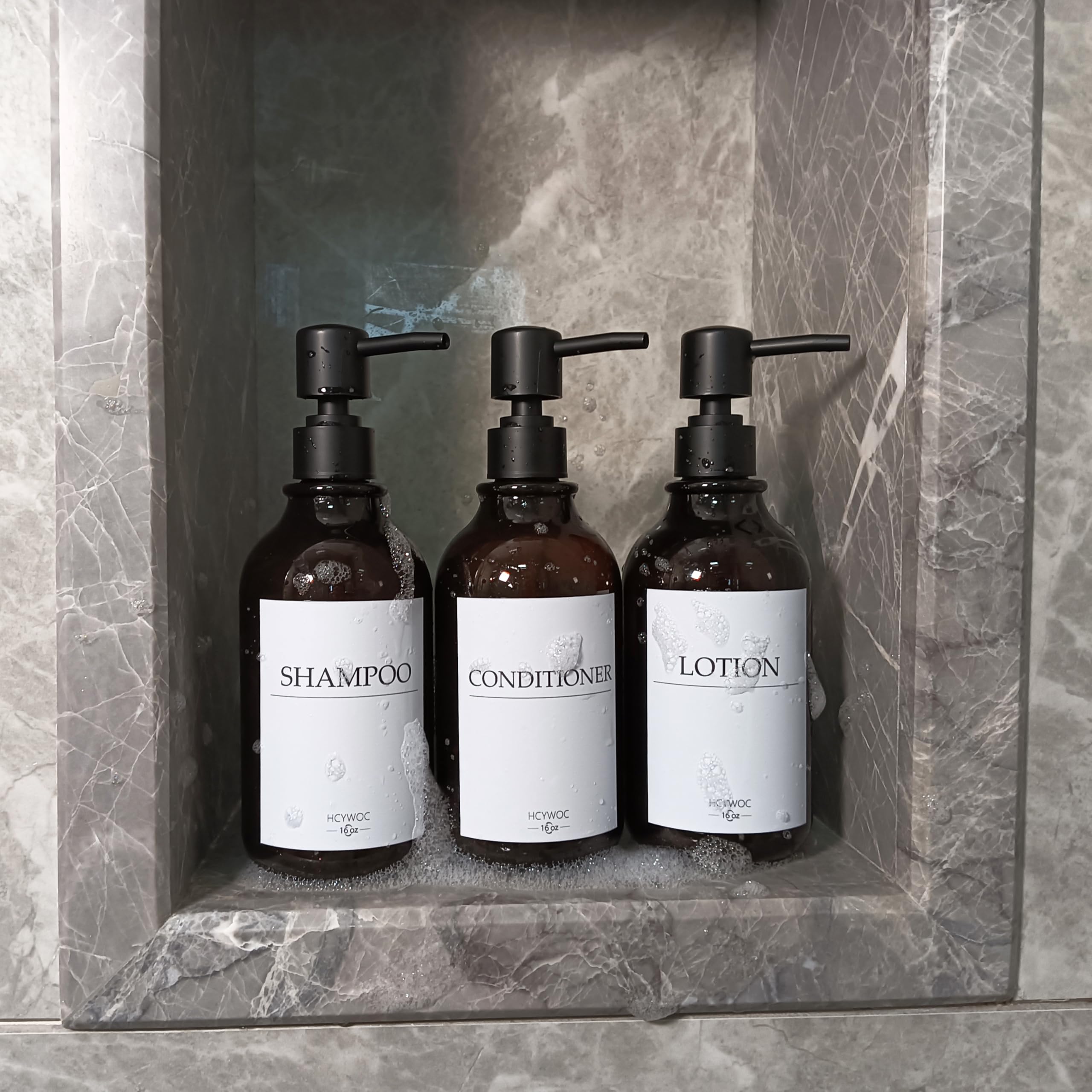 3 Pezzi Dispenser Sapone Bagno a Muro, 500ml Dispenser Sapone Senza Foratura, Con 16 Etichette Impermeabili, Per Bagno Cucina Shampoo Balsamo Bagnoschiuma - Ambra