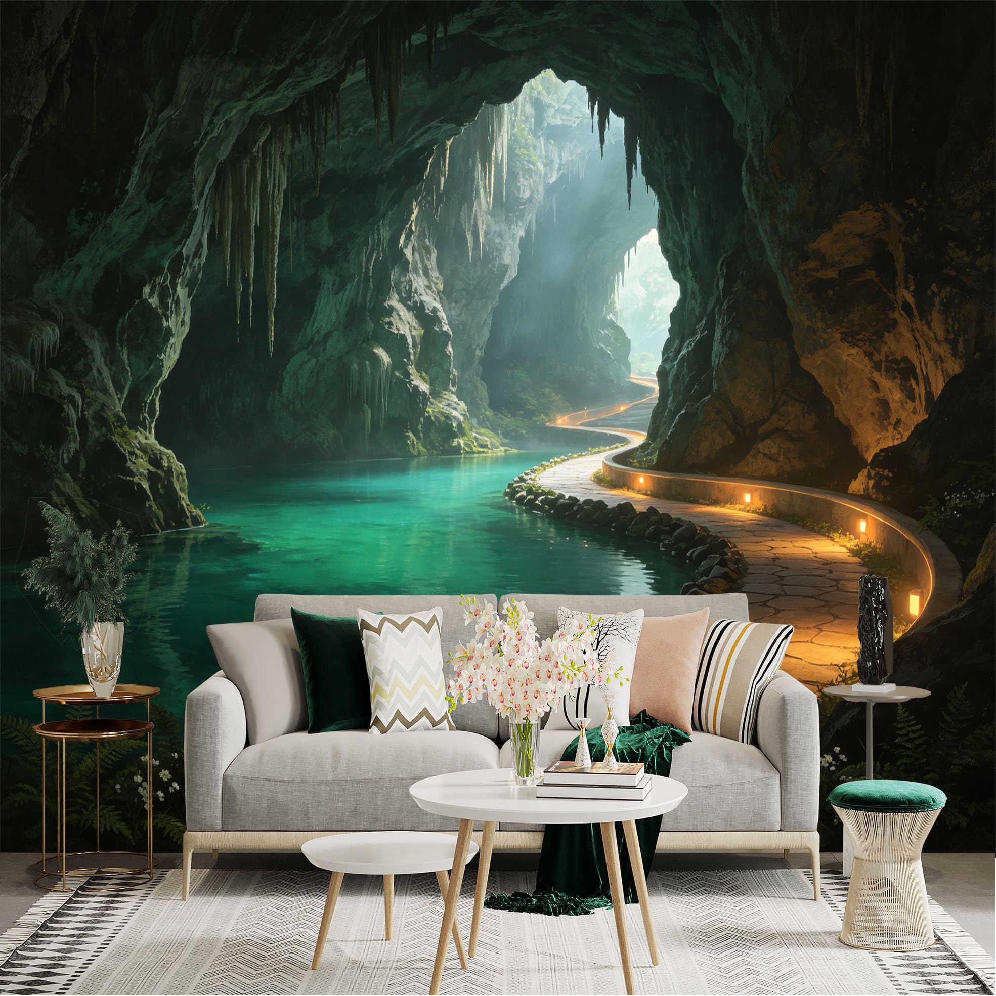 Custom Size Wall Sticker Mural， Natural Underground Cave， Turquoise River， Illuminated Stone Pathway， Serene Landscape， for wall Decoration， peelandstick wall Decals.