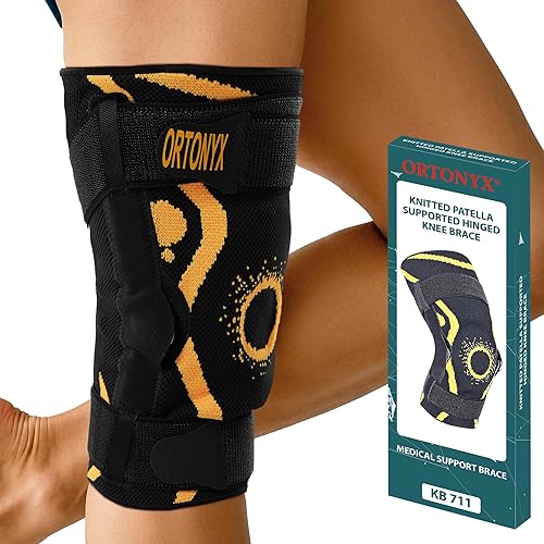 ORTONYX Rodillera con bisagras con anillo de rótula y correas de sujeción, rodillera de punto 3D para aliviar el dolor, soporte de rótula y