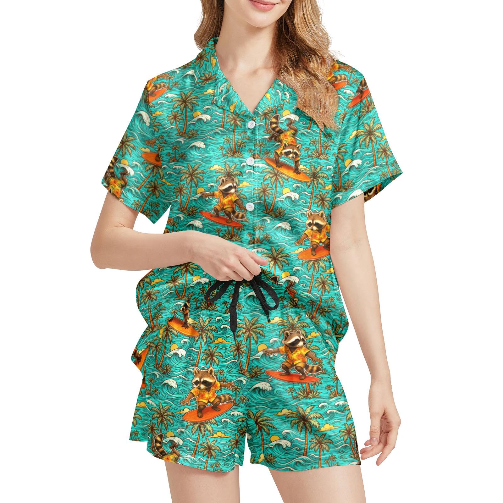 Funny Pajamas for Women Set Print Satin Loungewear Pjs Short Sleeve Button Down Top and Shorts Sets Sleepwear XS-3XL