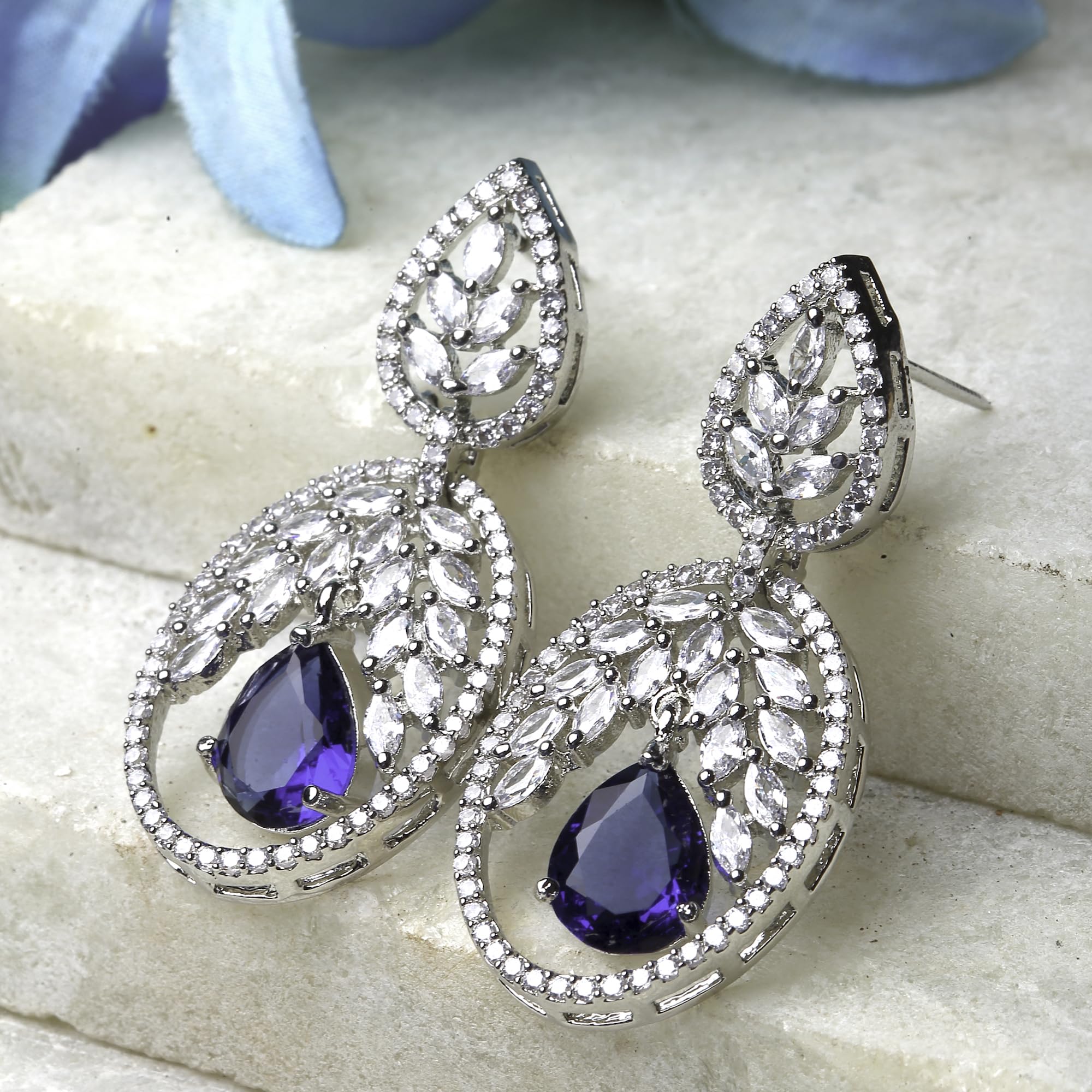 Rhodium-Plated American Diamond Drop Earrings