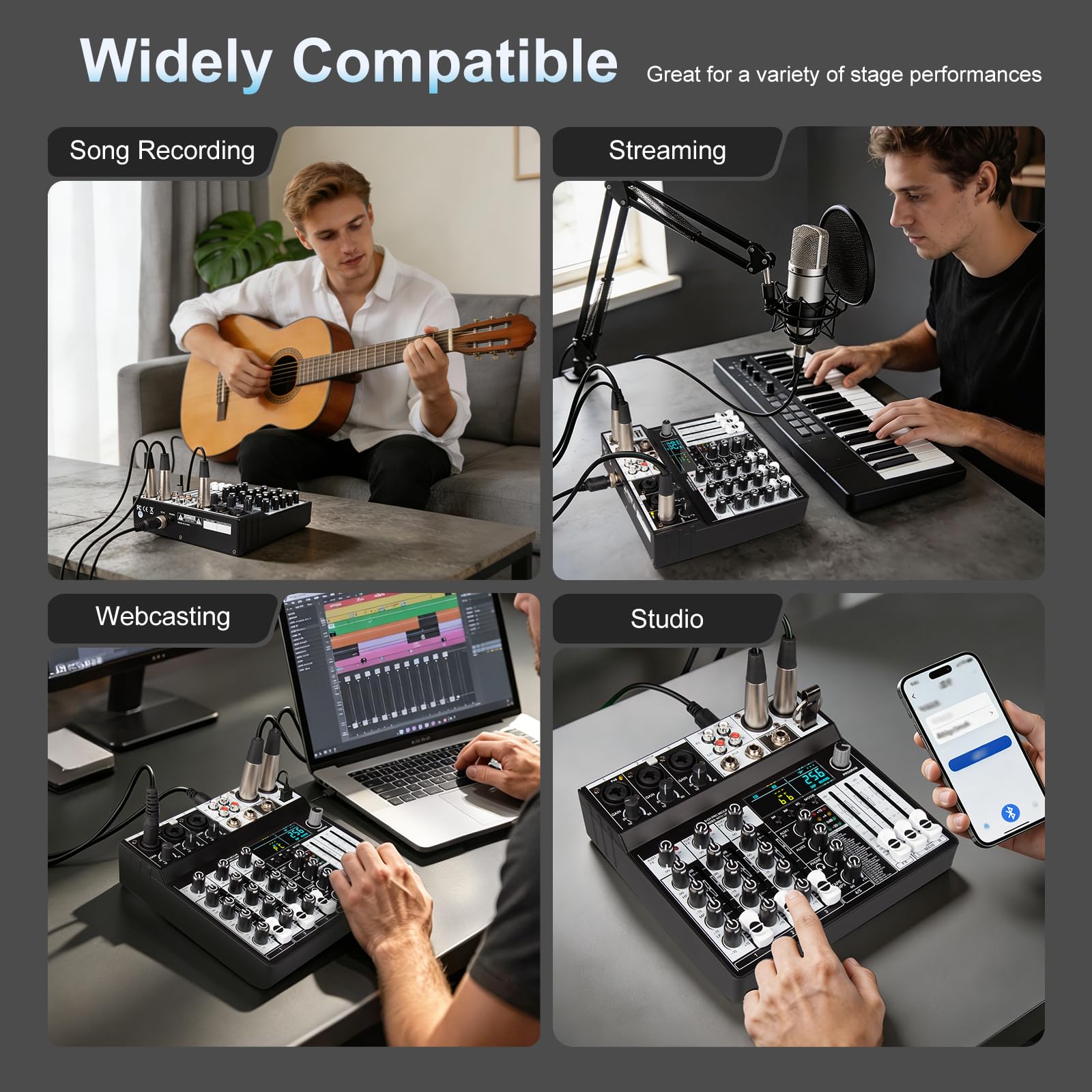 Depusheng Mezclador de audio profesional de 5 canales, sistema de consola de sonido con entrada USB Bluetooth MP3 ordenador, 256 efectos DSP, pantalla LED, potencia fantasma de 48 V para podcast