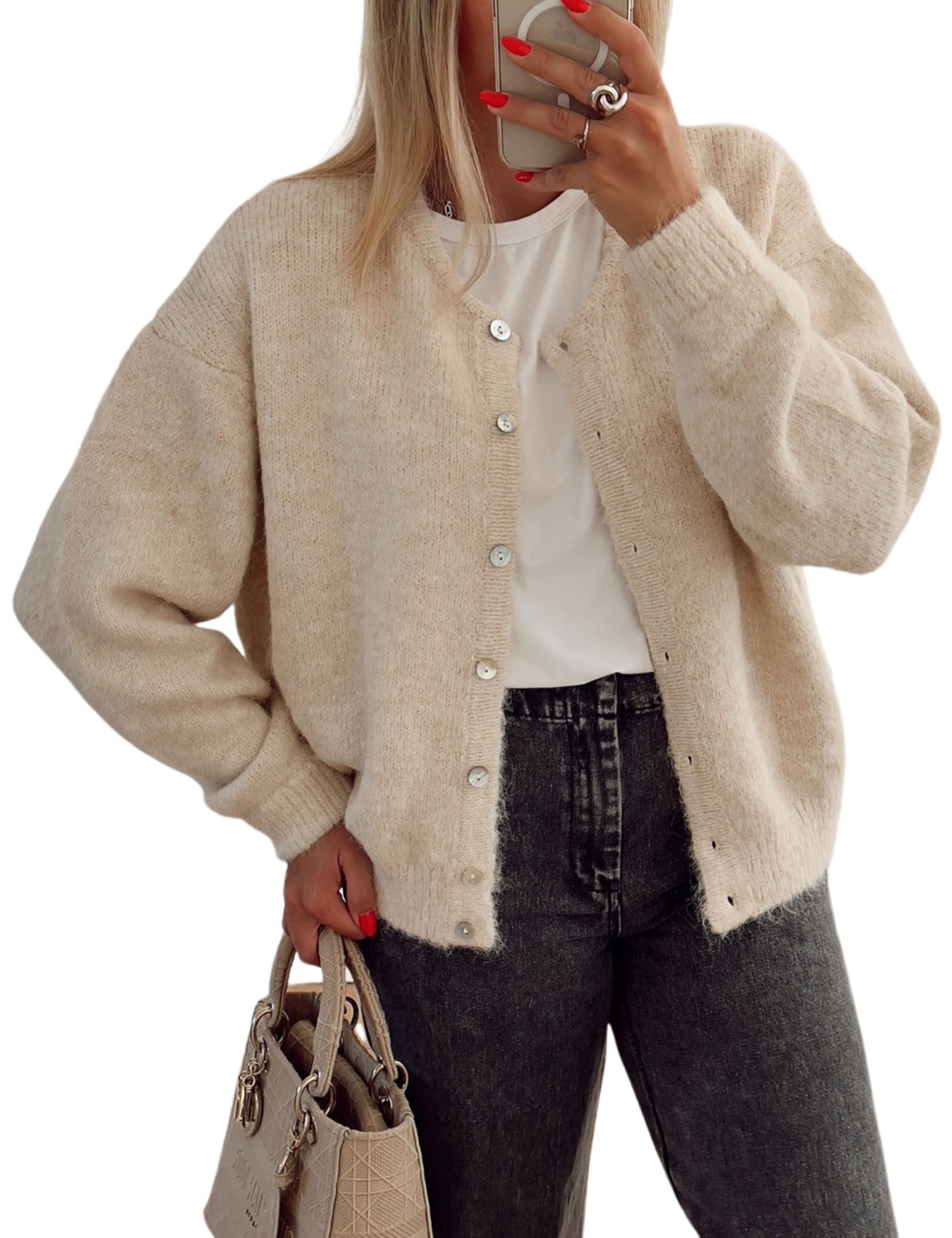 Womens Long Sleeve Front Button Y2k Cardigan Sweaters Crew Neck Loose 2025 Fall Tops