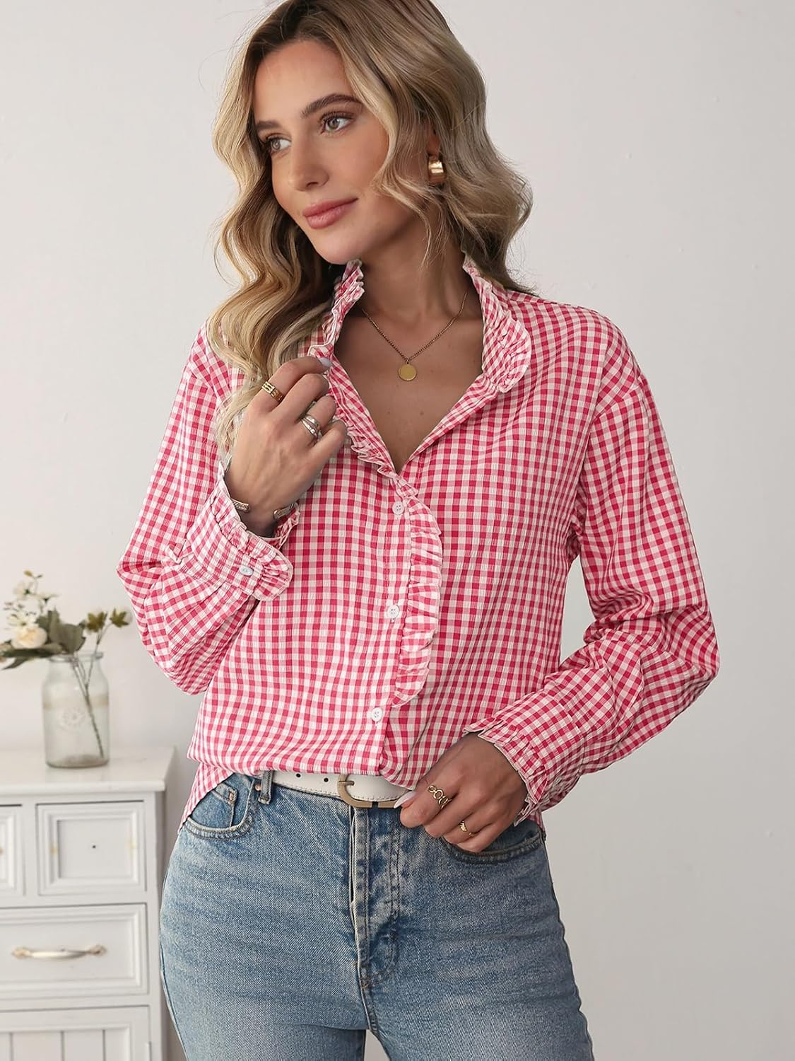 Womens Plaid Ruffle V Neck Button Down Shirt Long Sleeve Gingham Trendy Blouse Business Workwear Checkered Tops - Image 7