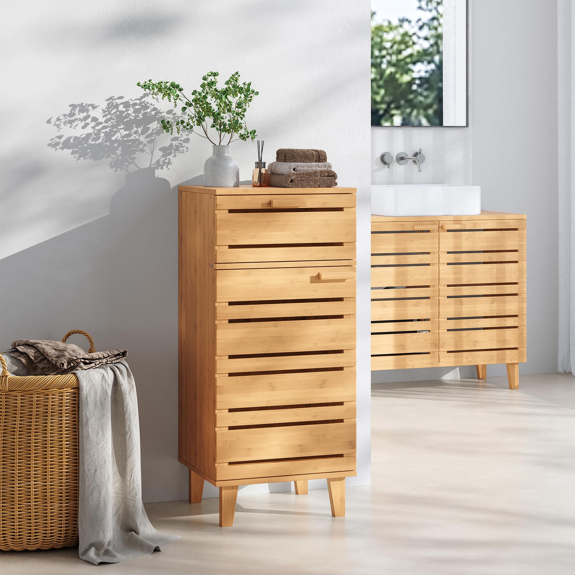 [en.casa] Aparador para Baño Epind Mueble Auxilar de Baño con 1 Puerta y 1 Cajón Armario Bajo 75 x 33 x 30 cm Bambú - Natural