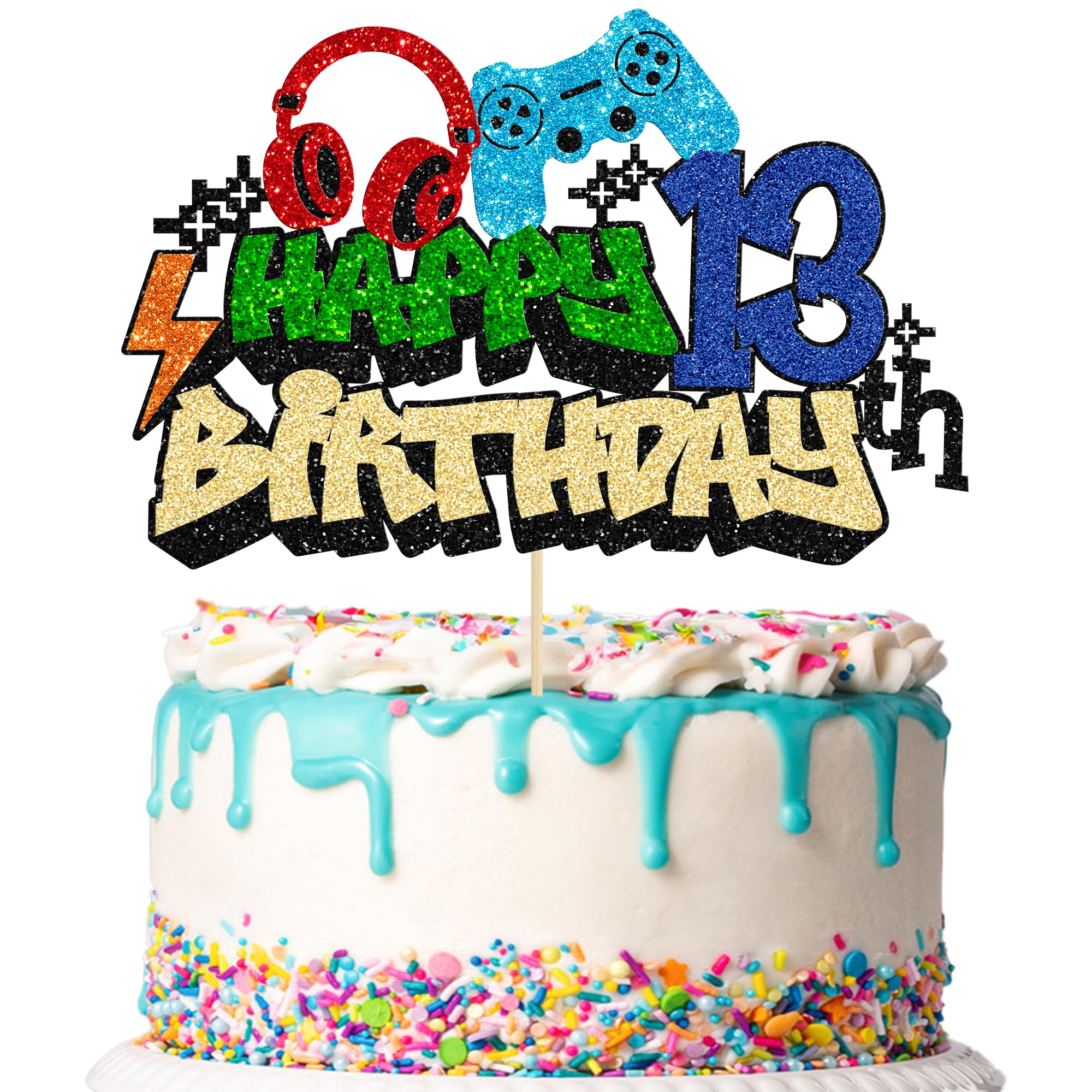 Gyufise 1Pcs 13th Birthday Video Game Cake Topper Gaming Level Unlocked Game On Controllers Cake Pick Decorations Game Theme Baby Shower 13th Birthday