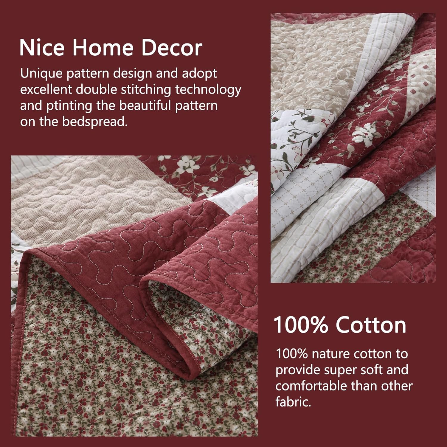 100% Cotton Oversized King Bedspread 120"x120" - Lightweight Vintage Country Quilt - 3 Piece California King Bedspreads Coverlet Set - Reversible Plaid Floral Bedding in Burgundy/Beige/Taupe/White