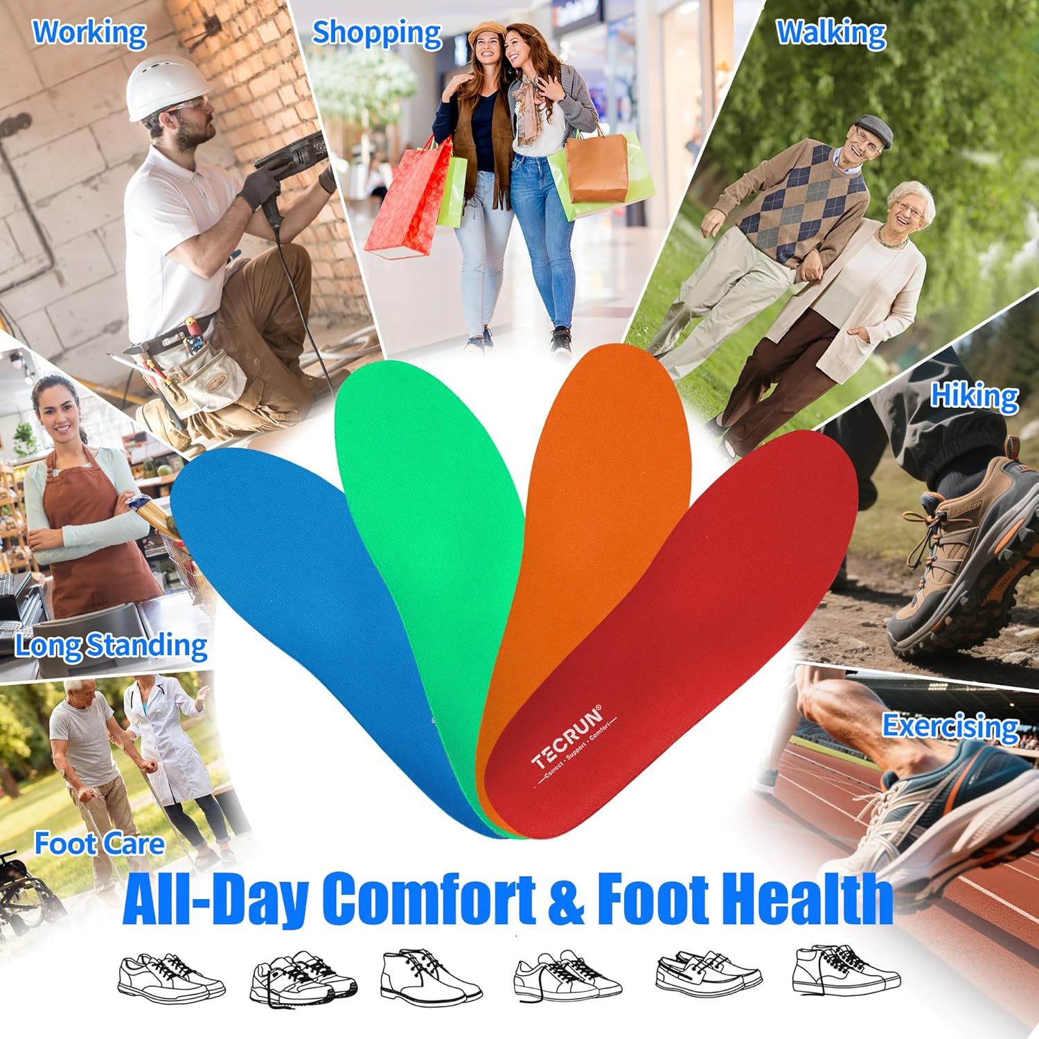 Plantar Fasciitis Relief Insoles Orthotic Arch Support Inserts Women Men - 8 in 1 Foot Pain Relief Shock Absorb Work Boot Shoe Insoles 4 Arch Types for Your Best Fit & All-Day Comfort Support - Image 7