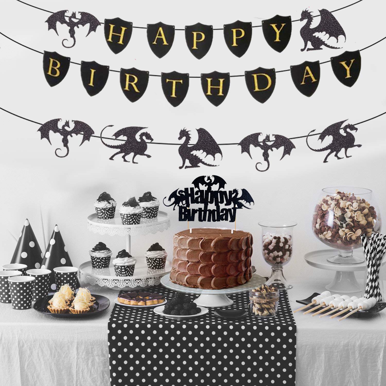 JeVenis Dragon Birthday Banner & Decoration - Fantasy Party Decoration & Cake Topper