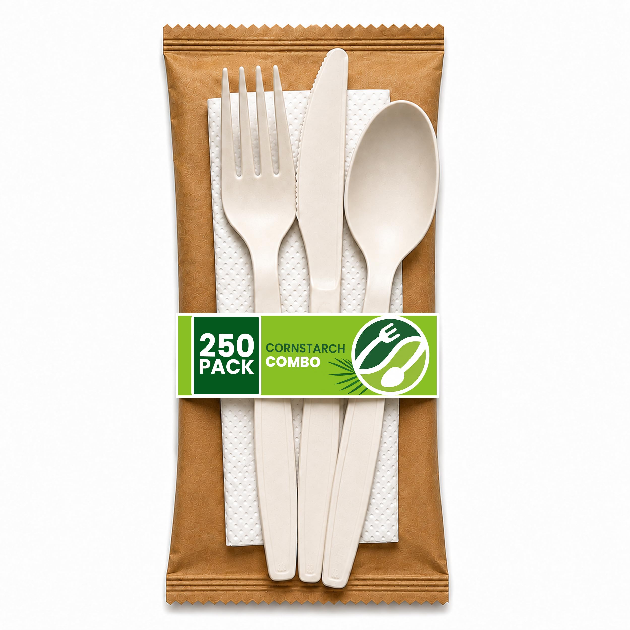 Cornstarch 4-in-1 Cutlery Set 250 Packs | Eco-Friendly Disposable Pack with Fork, Knife, Spoon & 2Ply Napkin | 250 Individually Wrapped, Biodegradable & Plastic-Free | for Takeaway, Catering & Events