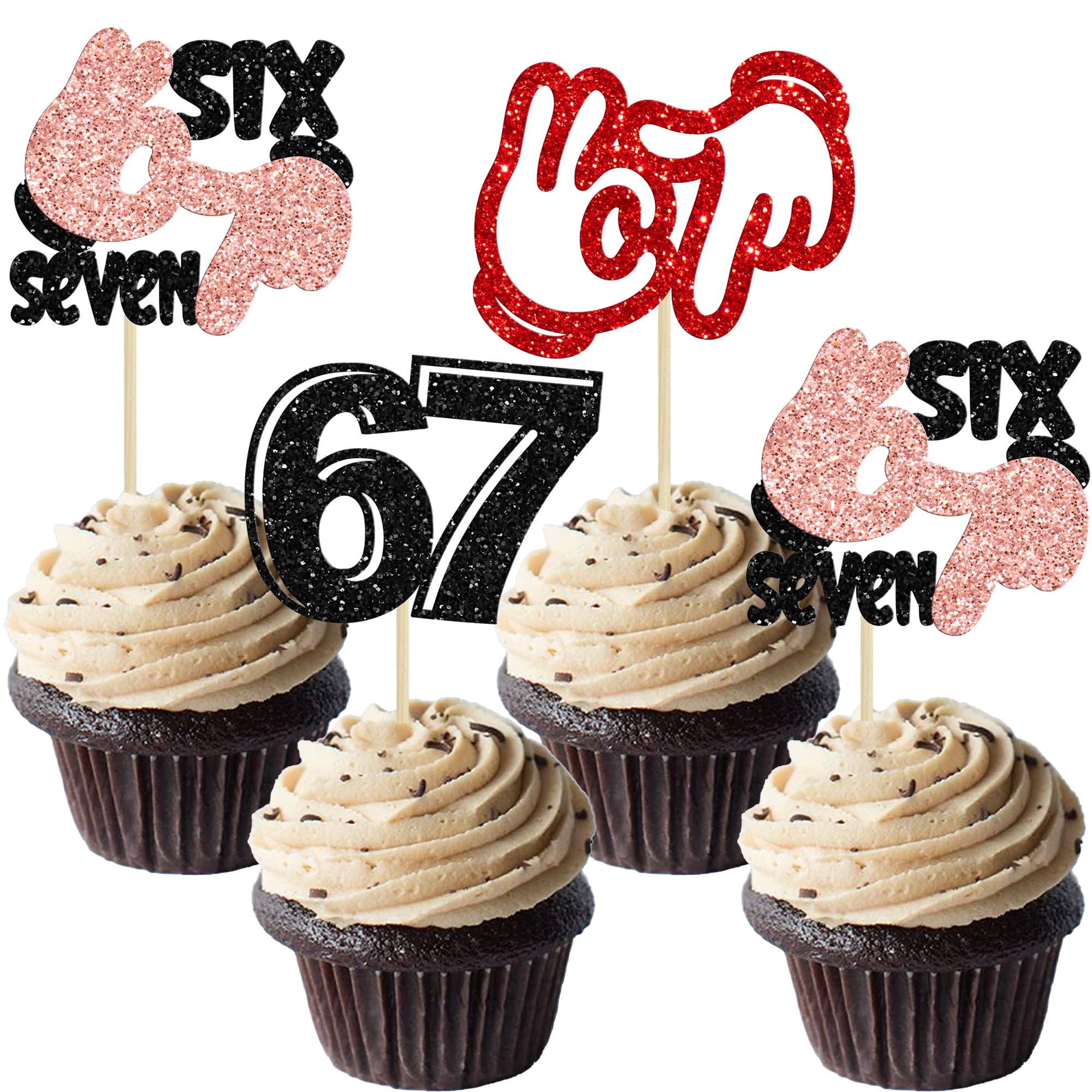 Gyufise 24Pcs Six Seven Cupcake Toppers Funny 6 7 Party Decorations Funny Six Seven Birthday Cake Decorations for Baseball 6 7 Theme Party Supplies Red