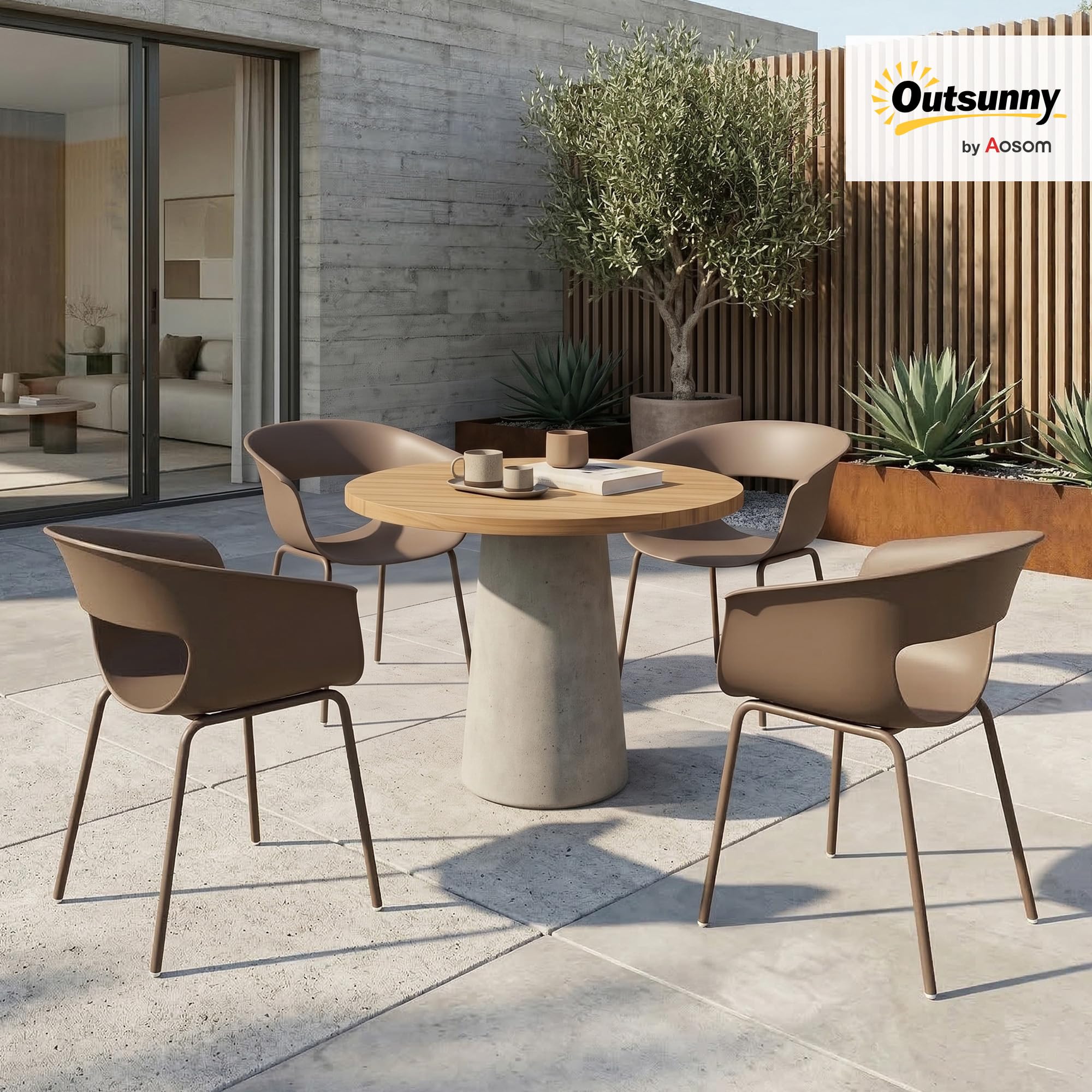 Outsunny Krzesła ogrodowe 4 szt. ergonomiczne podłokietniki 120kg kawowy | Krzesła balkonowe, design z wycięciami, odporne na warunki, odporne na rdzę, krzesła outdoor, tarasowe, balkon, taras