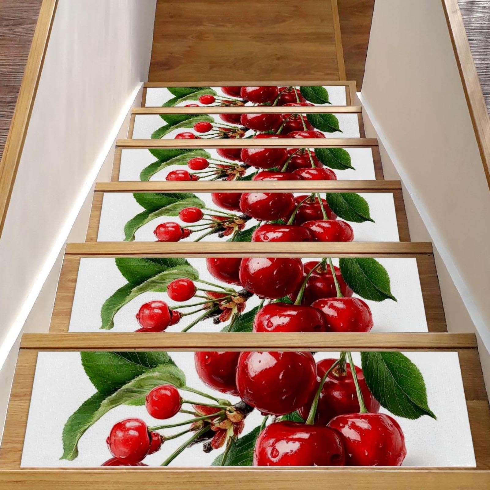 Tapis d'escalier antidérapants motif cerises baies rouges 20,3x76,2 cm marche bois intérieur