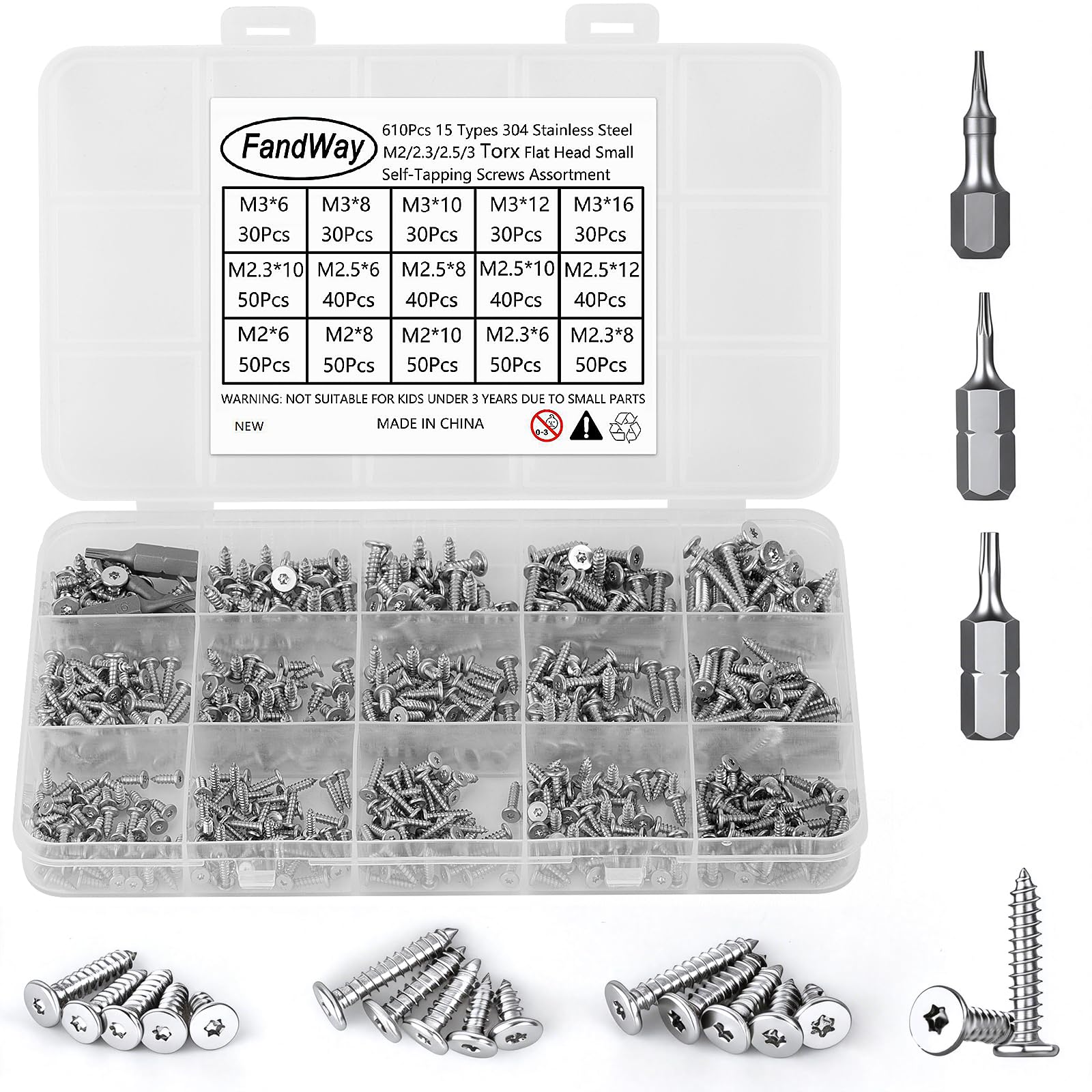 FandWay 610 Pcs Torx Self Tapping Screws 304 Stainless Steel,M2 2.3 M2.6 M3 Small Wood Screws Kit,Flat Head Security Anti-Theft Screw,Torx Head Self Drilling Sheet Metal Screw With T5 T6 T8 Bits.