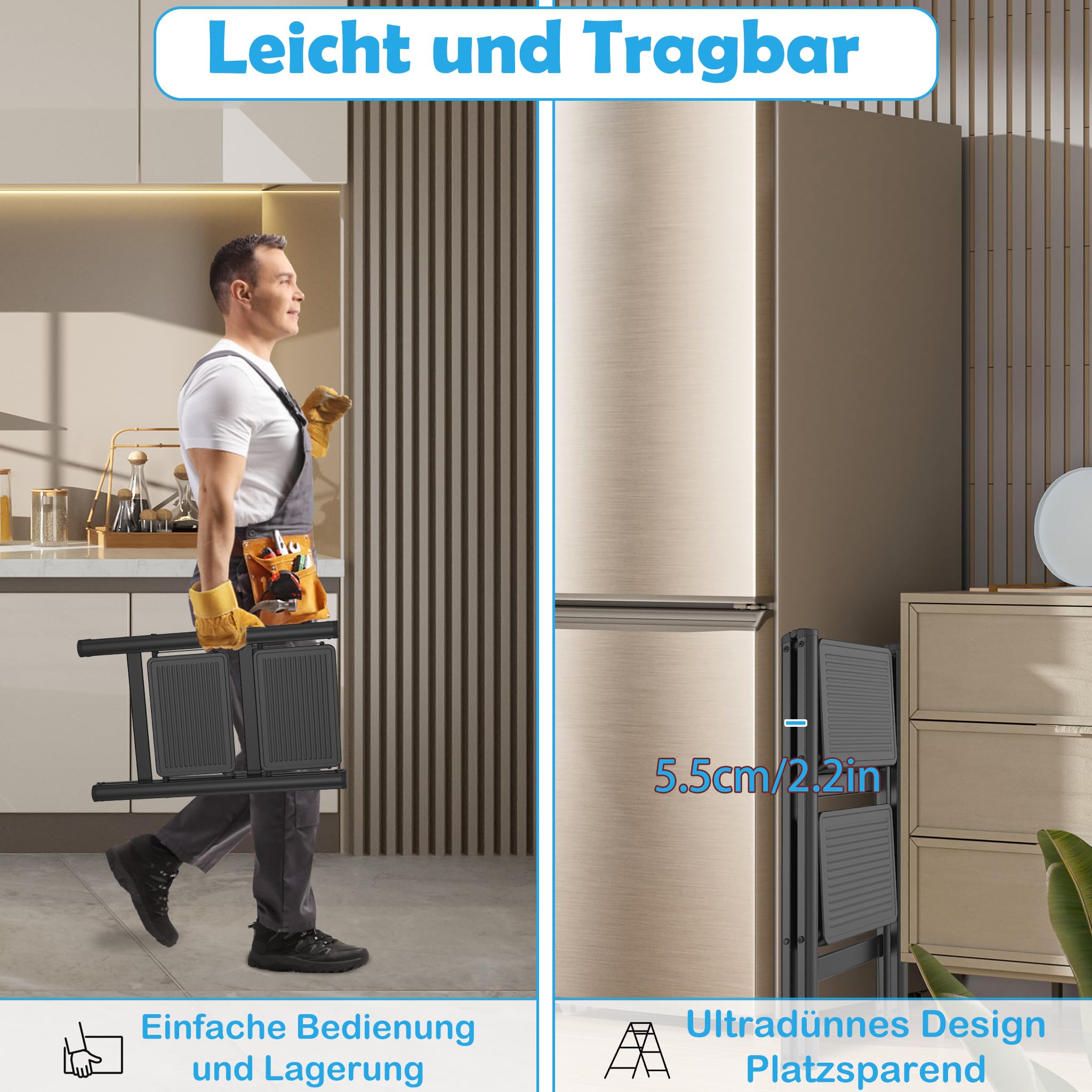 Aufun Escalera plegable de 2 peldaños con pedal antideslizante ancho, escalera multifuncional para el hogar, fácil de guardar, con capacidad de carga hasta 270 kg, escalera de peldaños para el hogar