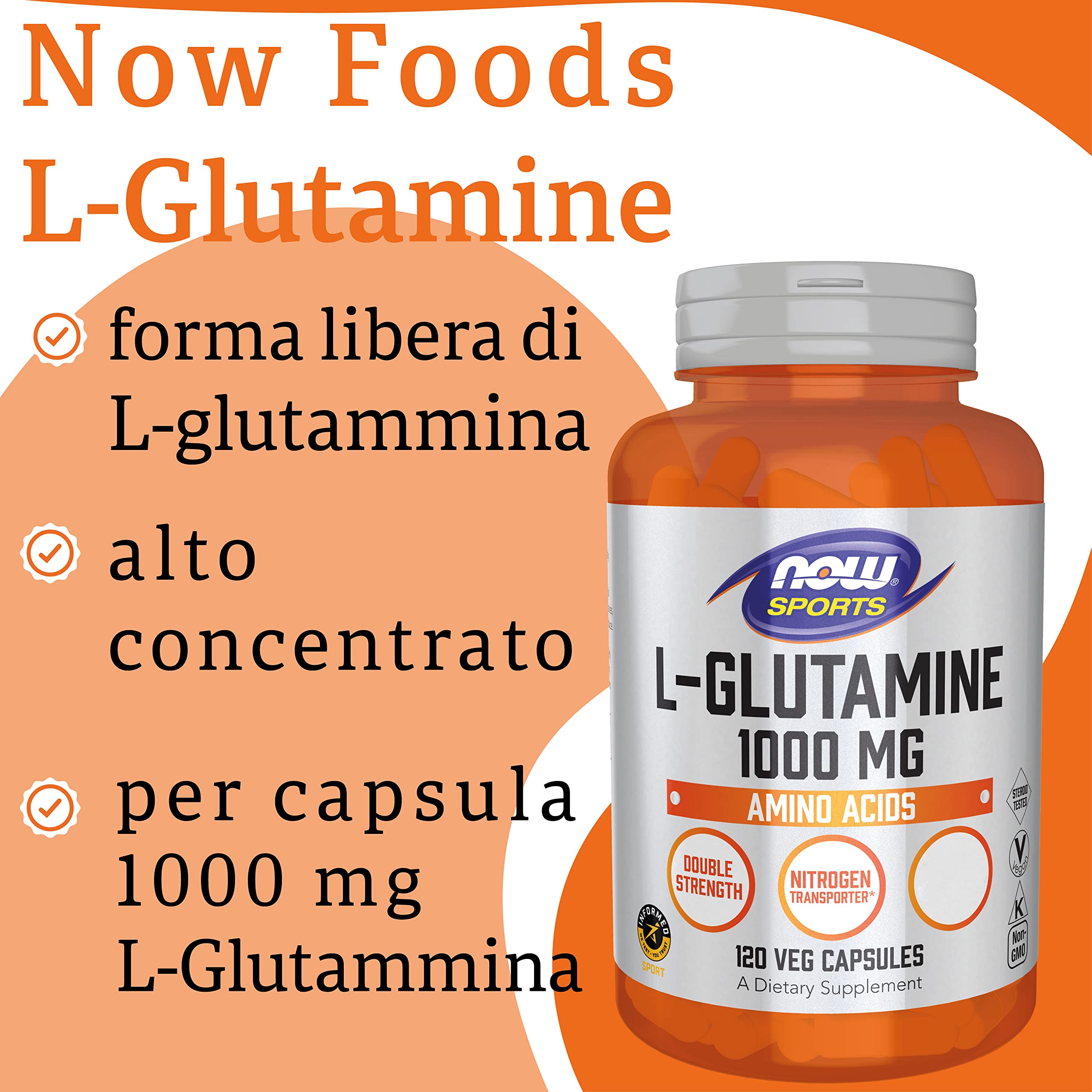 Now Foods, L-Glutammina, Doppia Forza, 1.000 mg, 120 Capsule, Testato in Laboratorio, Aminoacido, Senza Glutine, Senza Soia, Non OGM