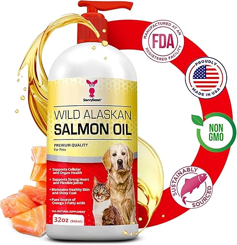 Aceite de salmón puro salvaje de Alaska para perros, gatos, hurones, aceite de pescado líquido Omega 3 de 32 onzas, bomba de alimentos, suplemento