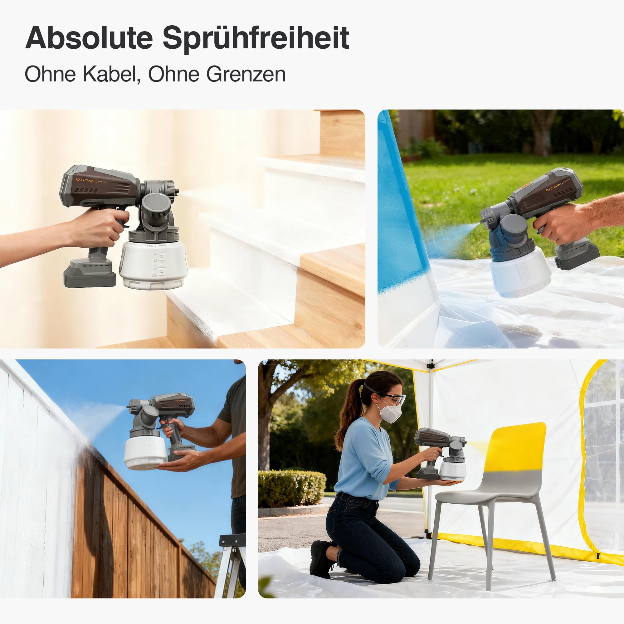 Tilswall Elektrische Farbspritzpistole, kompatibel mit Makita 18V Akku (ohne Akku), Akku Farbsprühsystem mit bürstenlosem Motor, innovativer seitlichem Farbbehälter, Geeignet zum Sprühen von Möbeln