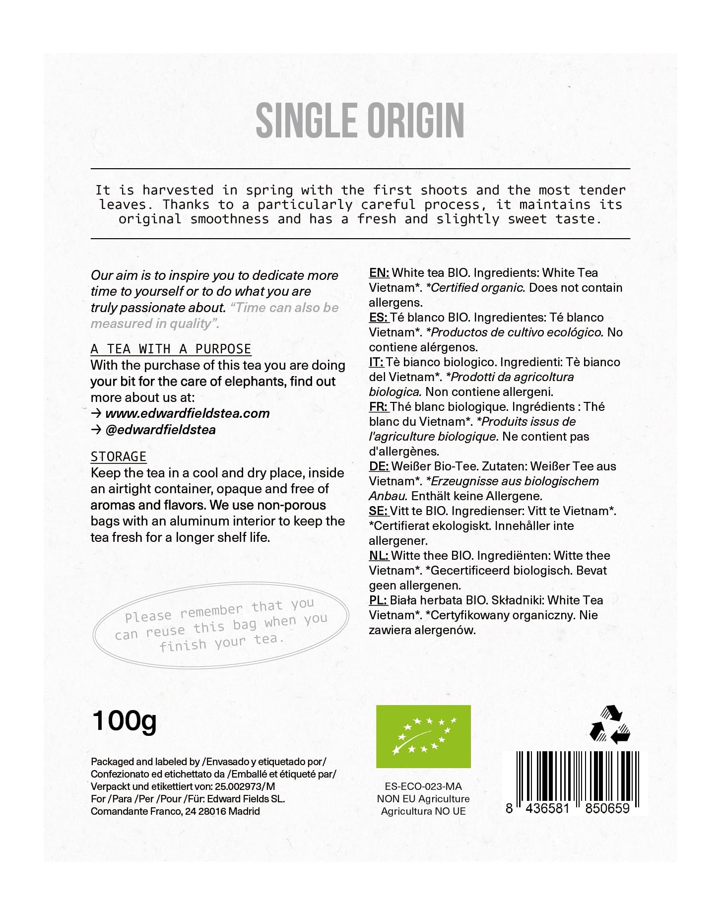 Edward Fields Tea ® - Té blanco orgánico a granel de origen único Vietnam. Té bio recolectado a mano con ingredientes naturales y ecológicos. 100g / 50 tazas