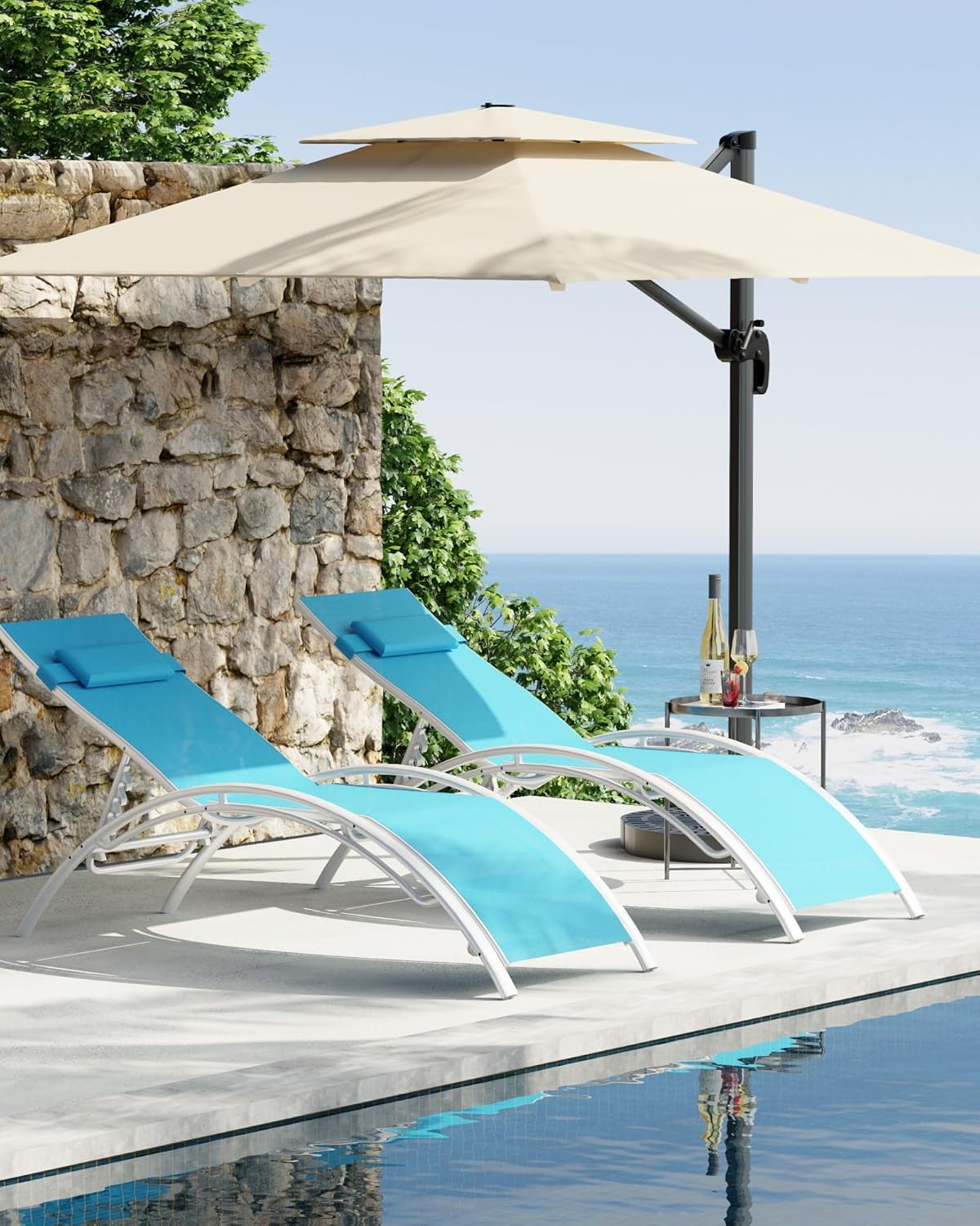 Outdoor Chaise Lounge Chairs Set of 2 with 3-Position Backrest, Aluminum Pool Chaise Lounges for Pool, Garden, Beach, and Backyard - All-Weather Design, Blue.