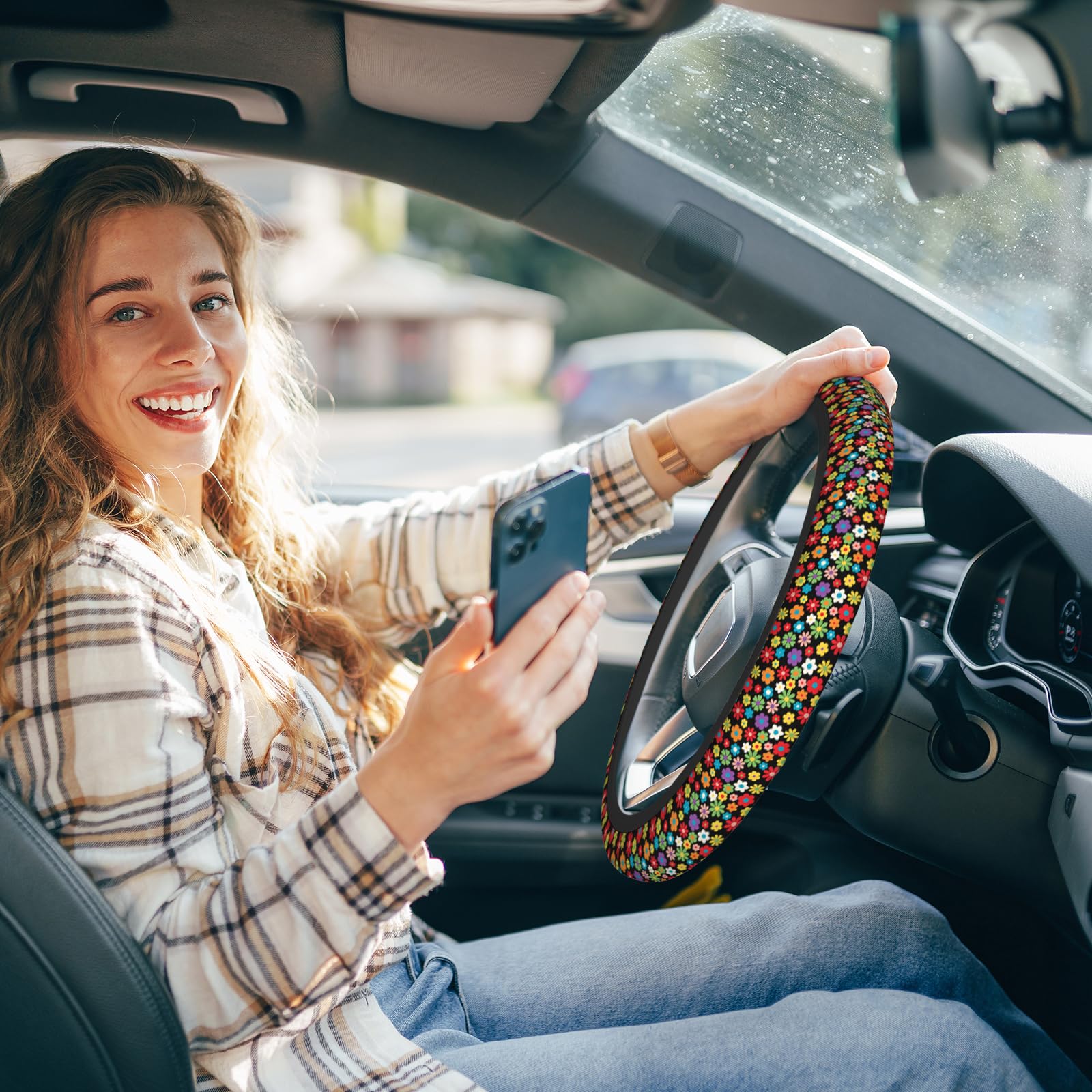 Cute Flower 15 Inch Steering Wheel Cover - Rainbow Rose Tulip Sunflower Blossom - Universal Car Accessory — view 2