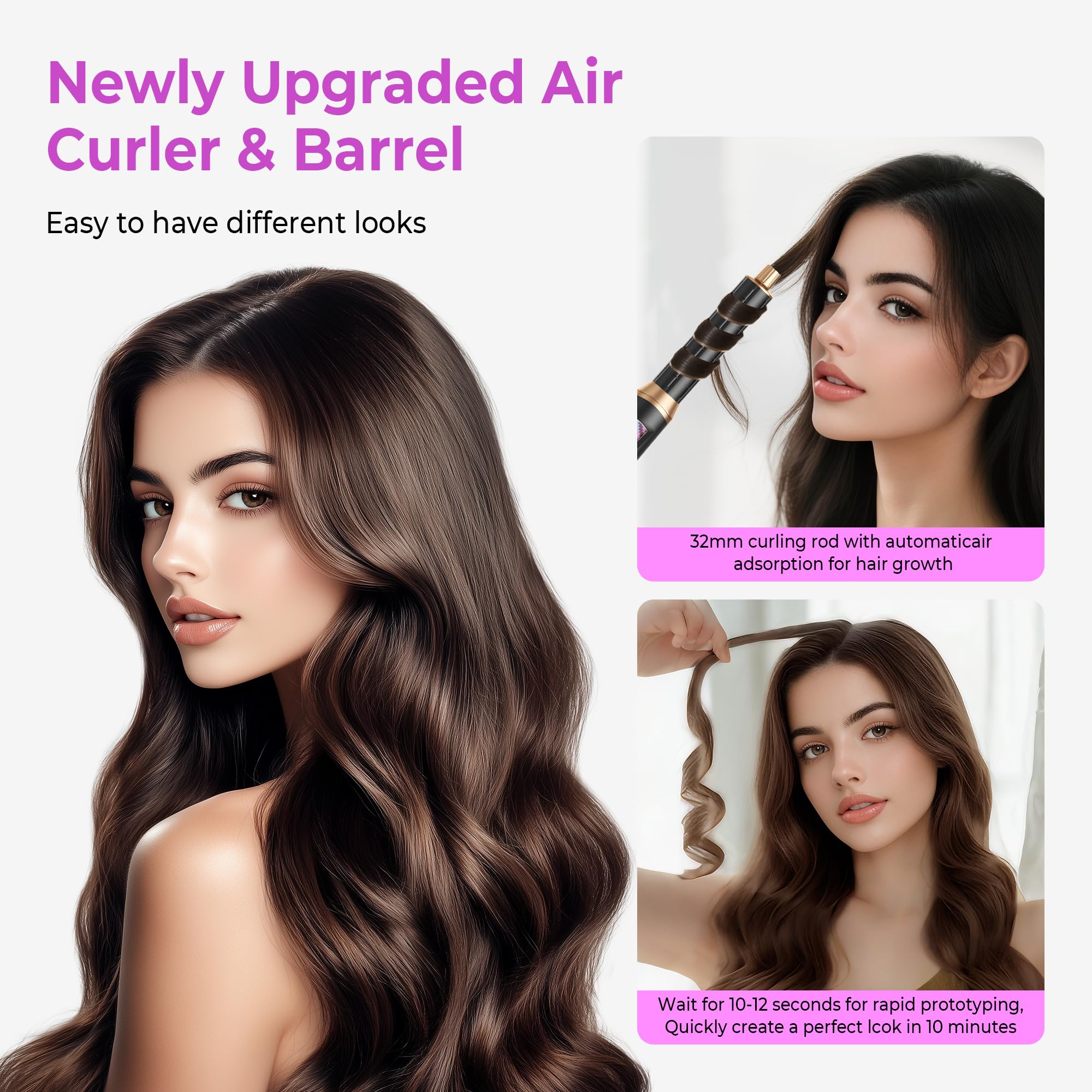 UMIGA Airstyler 5 en 1 - Juego de cepillos para el pelo con rizador de aire caliente de 32 mm, secador de pelo de 1000 W para volumen, secado, alisado y rizos | 3 niveles de temperatura para todo tipo