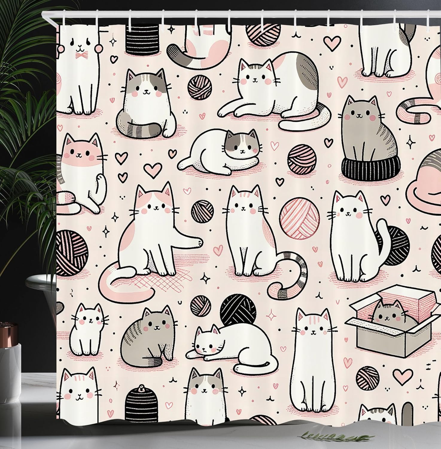 Ambesonne Cortina de ducha de gato, gatitos dibujados simplistas sentados con ilustraciones de dibujos animados de colores pastel, juego de