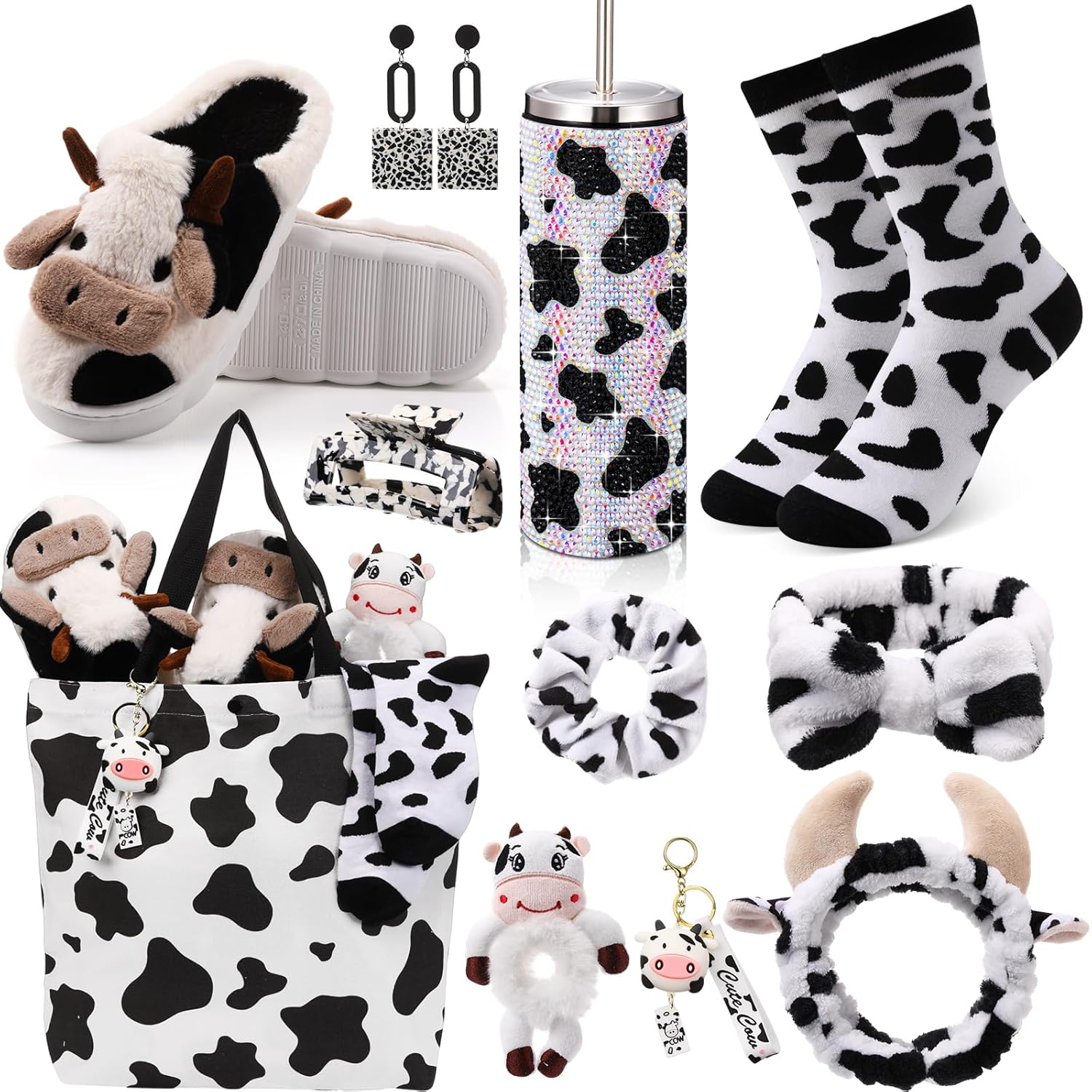 11 Pcs Cow Gifts Sets for Women Tumbler Slippers Socks Earrings Hair Scrunchies Headbands Tote Bag Cow Print Stuff for Graduation Birthday Mother Animal Lover Farm